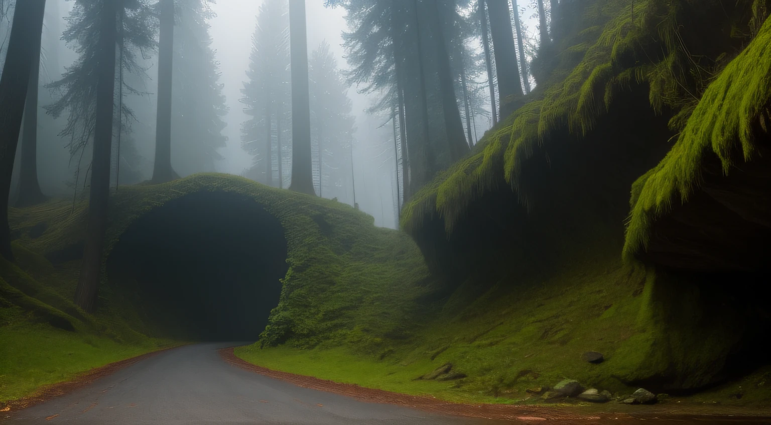 Dark forest, fog, cave entrance