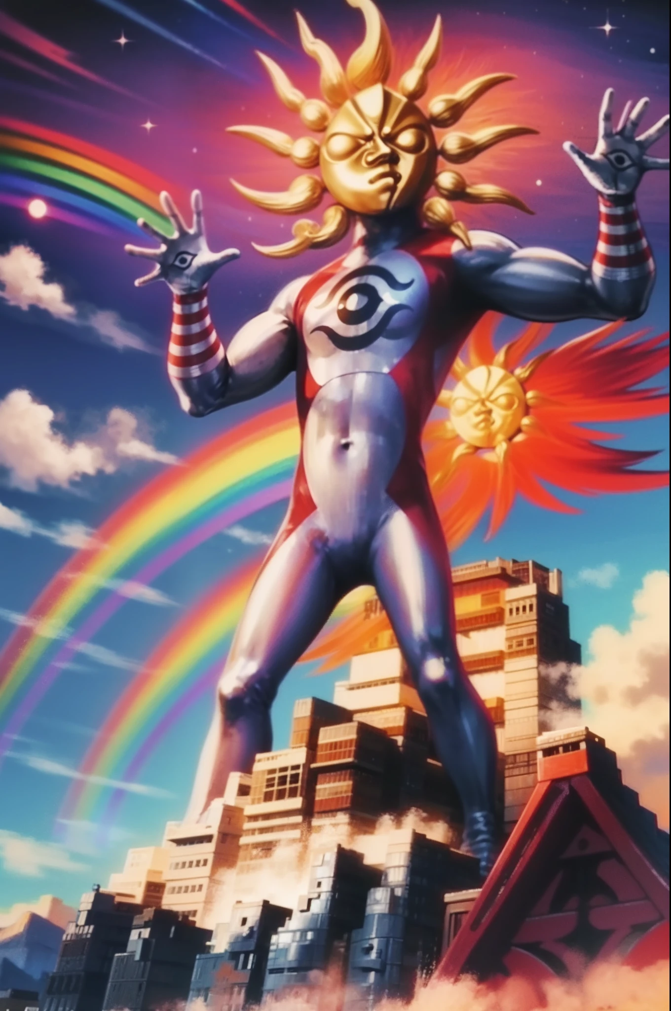 TAROMAN, standing full body, mountain, sun , rainbow, fire light, muscular male, moon water,moon, bara, tree, night sky