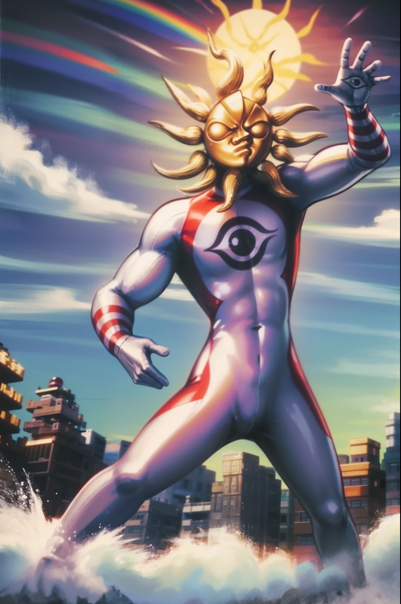 TAROMAN, standing full body, mountain, sun , rainbow, fire light, muscular male, moon water,moon, bara, very muscular