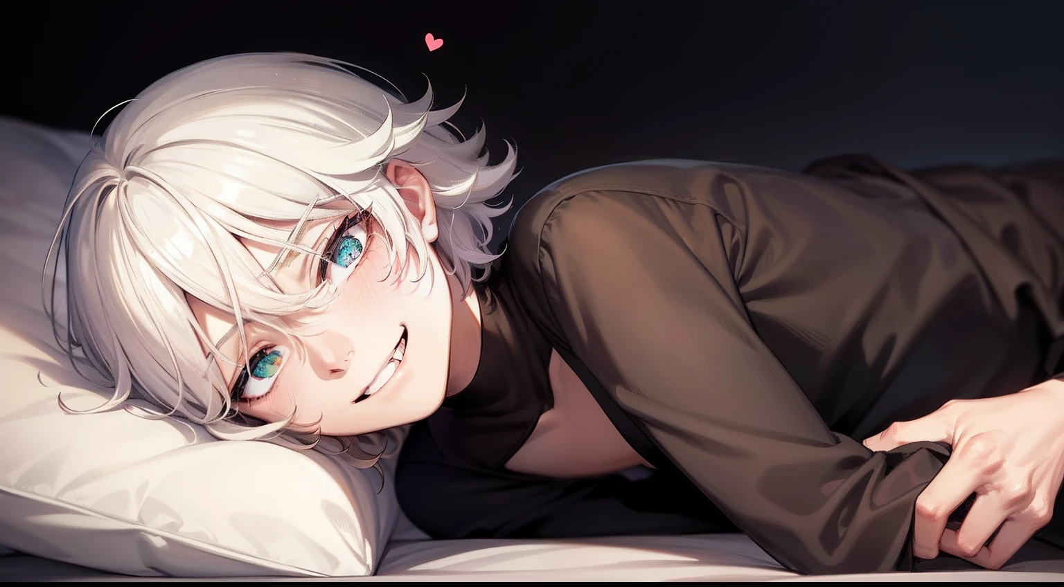 superfine illustration,Animated,amyl,1man,grinning,Adult man,bed,heart on eyes,Guy,man,Black clothe,Short hair,Curly hair,Parted bangs,Blonde hair,the eyes are light green,White skin,a bed,laught,natta,natta, At night,Atmosphere of love bliss,jpn