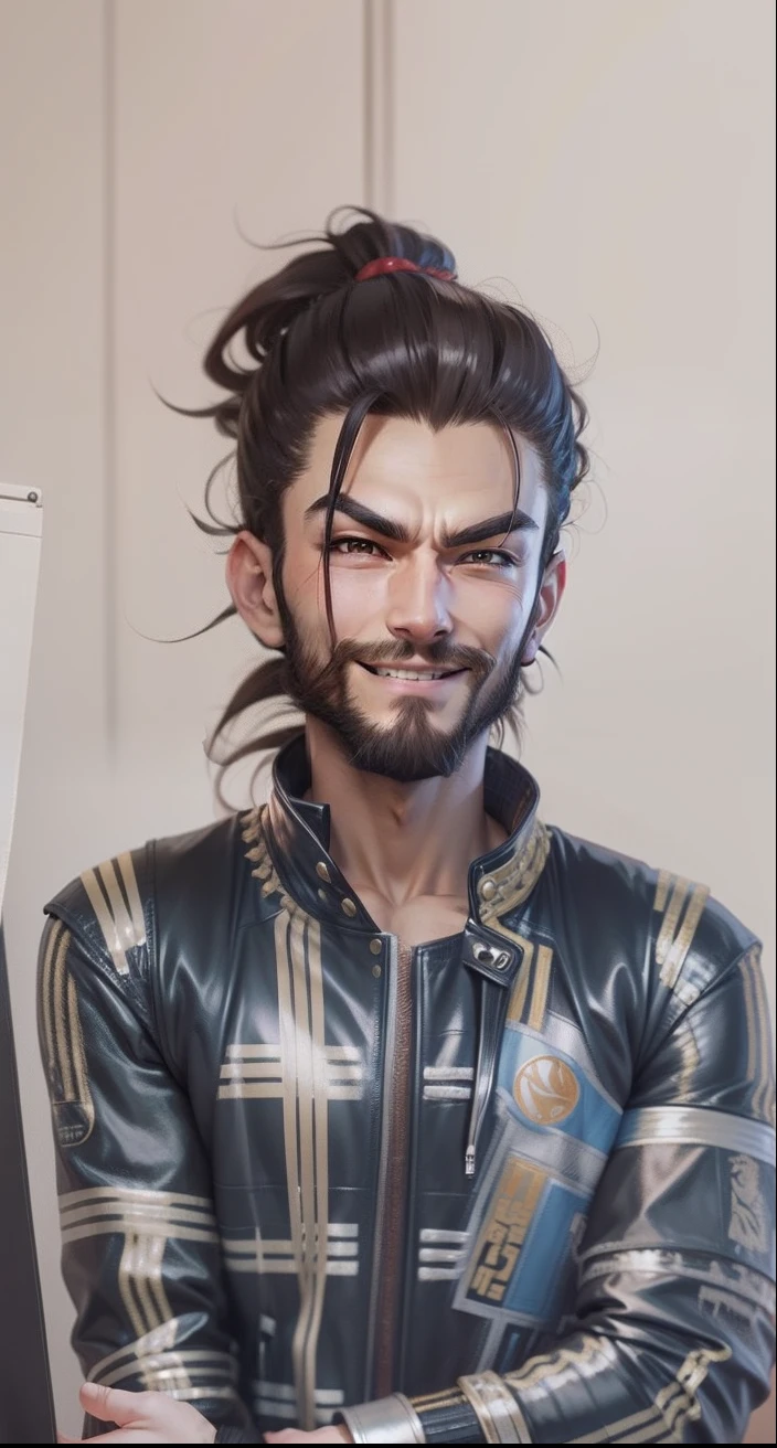 dragon ball style,middle and pointy finger pointed to his head,brown eyes,long beard, long hair, topknot, smiling, leather jacket, Capsule corp logo on the jacket
