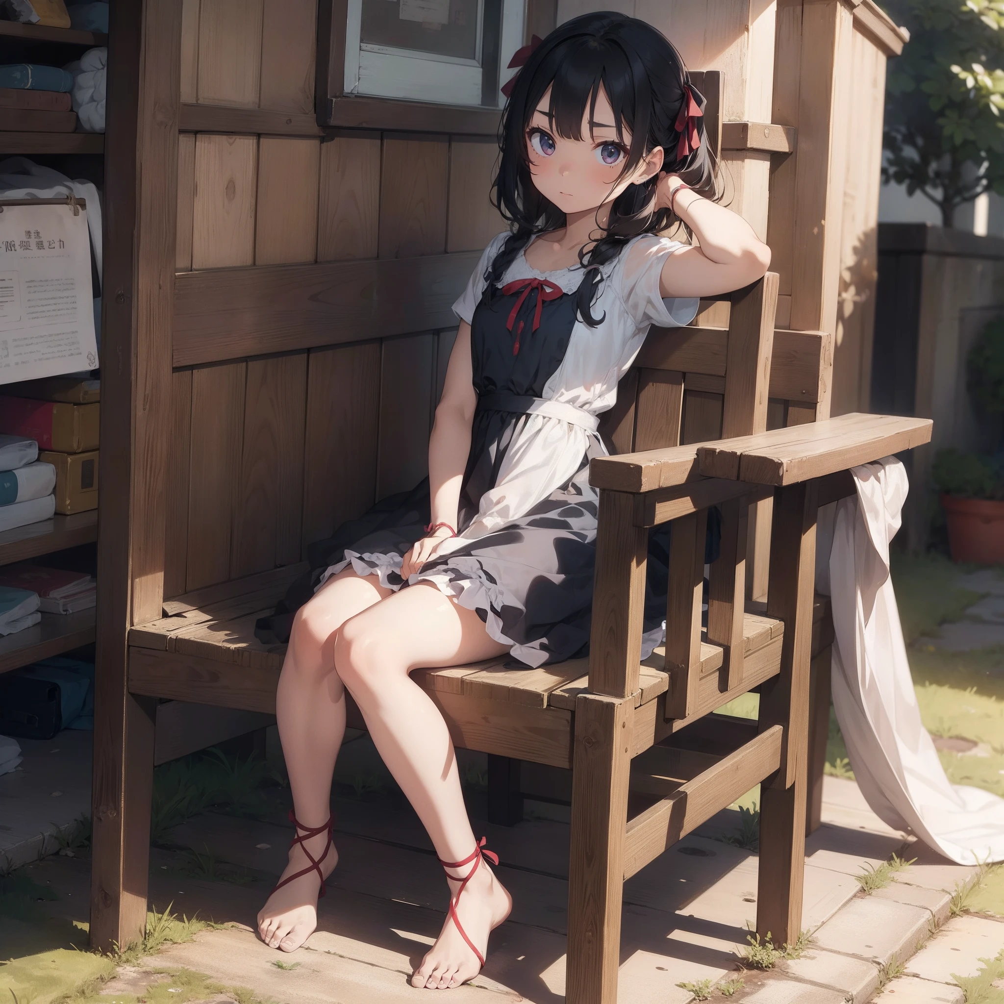 ​masterpiece、Wrinkling eyebrows、Troubled girl、Put your hand on your forehead、A look of disappointment、Detailed depiction of hair、Long dress with ribbon、Barefoot sandals、Sitting on a chair、