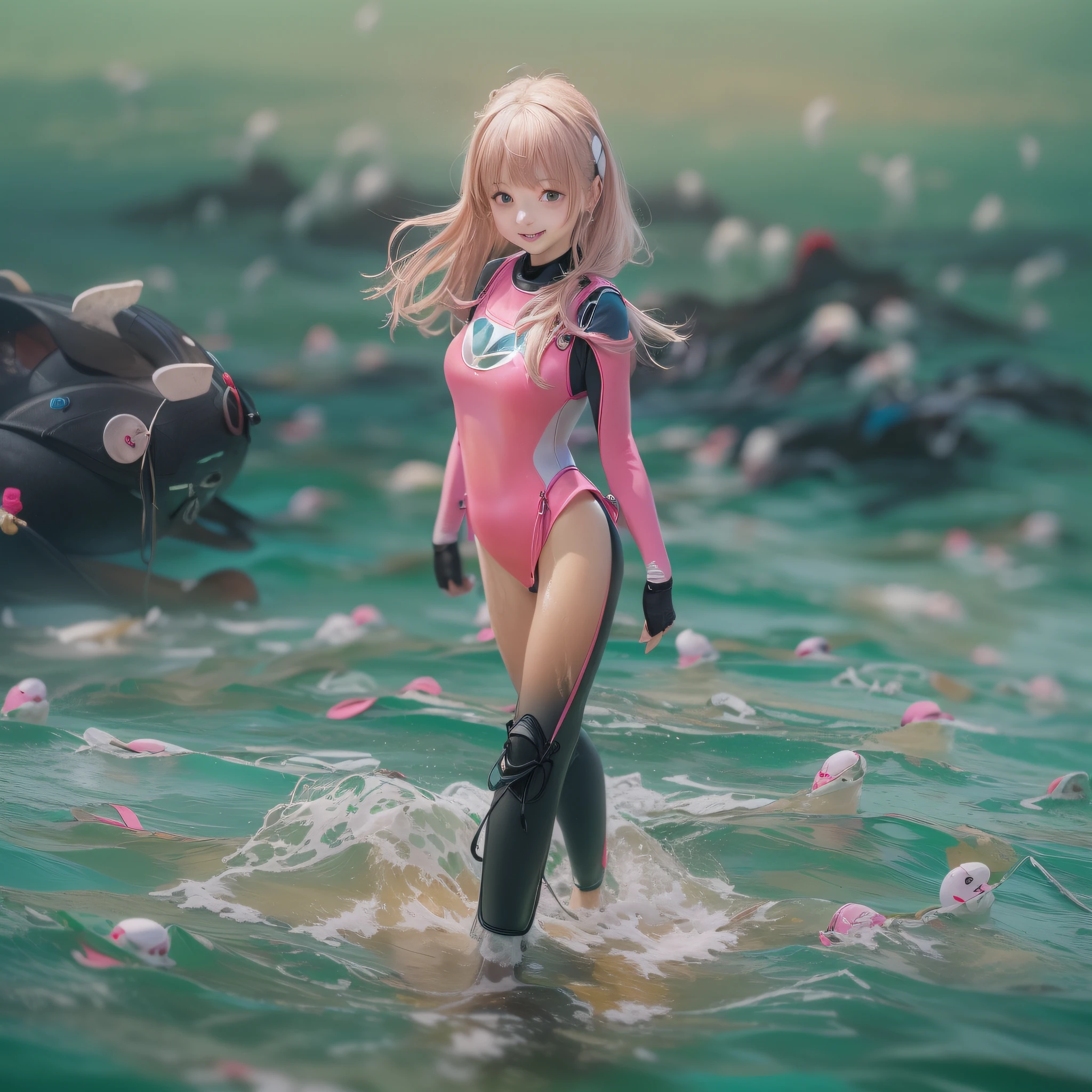 ((((((Full body)))))、Close up of a smile with the corners of the mouth raised、swimer、In the sea、(Full body wetsuit:2.0)、Hair is spreading、(realisitic、hight resolution)、(1 girl in)、Do-Up Eye、Korean Girl、(Best Quality), (masutepiece), (1girl in), Solo, a beauty girl, Perfect face, Big Breast,dreamlikeart、Highly detailed airbrush art((Surreal))、Volumetric lighting、(top-quality)、The ultra-detailliert、(The composition of the movement:1.4)、Highly detailed colorful details、(Bright lighting)、dynamic compositions、Ray traching、The mirror reflects light、Shallow depth of field、ultra-detailliert、mixing exposure、nffsw、Her eyes are glowing pink、Staring at the pink sea。Her pink face is full of anticipation and courage for victory.、A smile appears on the lips of a swimmer、The swaying waves create a beautiful scene。Her eyes are clearly glowing pink。Lots of pink