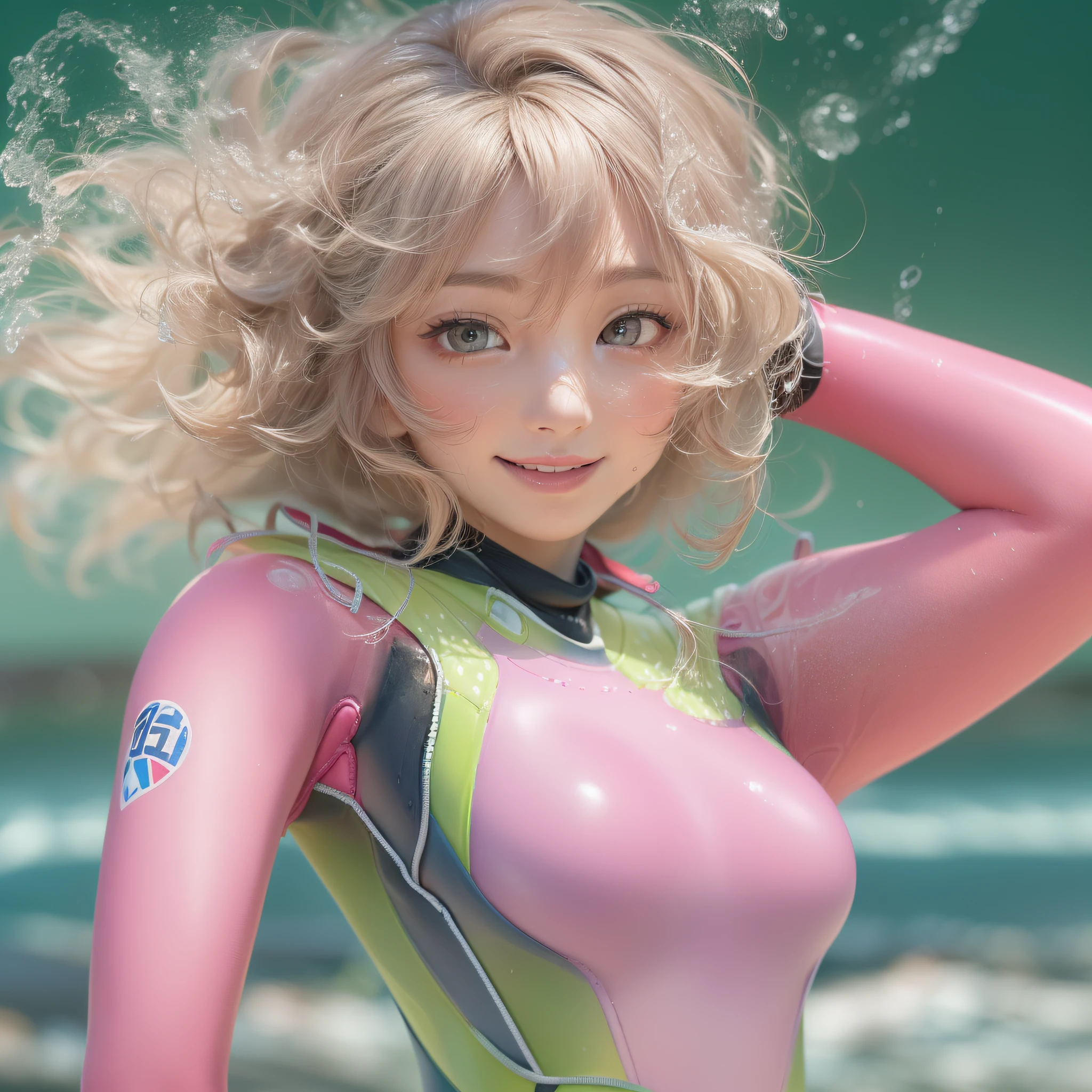 ((((((Full body)))))、Close up of a smile with the corners of the mouth raised、swimer、In the sea、(Full body wetsuit:2.0)、Hair is spreading、(realisitic、hight resolution)、(1 girl in)、Do-Up Eye、Korean Girl、(Best Quality), (masutepiece), (1girl in), Solo, a beauty girl, Perfect face, Big Breast,dreamlikeart、Highly detailed airbrush art((Surreal))、Volumetric lighting、(top-quality)、The ultra-detailliert、(The composition of the movement:1.4)、Highly detailed colorful details、(Bright lighting)、dynamic compositions、Ray traching、The mirror reflects light、Shallow depth of field、ultra-detailliert、mixing exposure、nffsw、Her eyes are glowing pink、Staring at the pink sea。Her pink face is full of anticipation and courage for victory.、A smile appears on the lips of a swimmer、The swaying waves create a beautiful scene。Her eyes are clearly glowing pink。Lots of pink