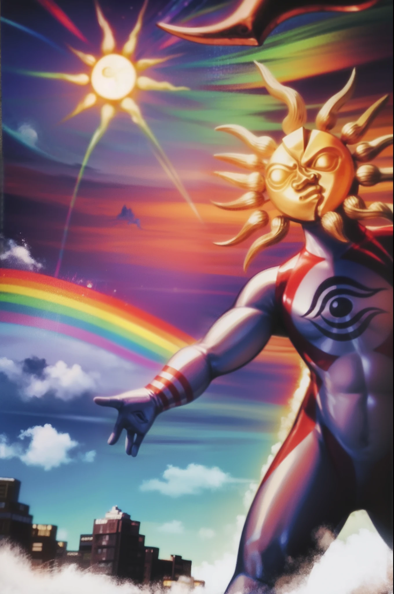 TAROMAN, standing full body, mountain, sun , rainbow, fire light, muscular male, moon water,moon, bara