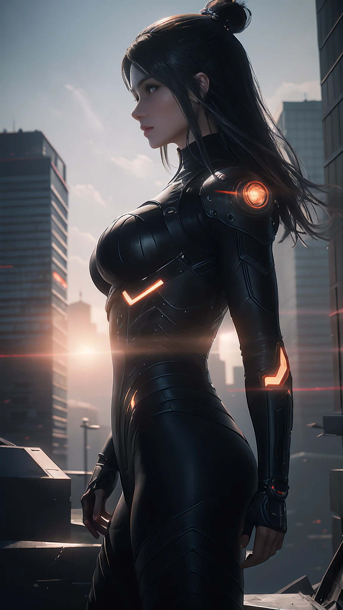 （（best qualtiy））， （（tmasterpiece））， （（Realistis））， （A detailed）， （realisticlying：1.5）， A futuristic girl， （Thick stature）， （black reotard）， Lights on armor， Cybernetic headdress， looking at viewert， dynamicposes， postapocalyptic， Destroyed city background， Buildings on fire， scientific fiction， HDR， Ray traching， NVIDIA RTX， Hyper-Resolution， Unreal 5， sub surface scattering， PBR textures， Post-processing， Anisotropic filtering， depth of fields， Maximum clarity and sharpness， trichotomy，8K original，（Luminous Particle：1.4），（VerydetailedCG，Unity 8k壁纸，3D，cinmatic lighting，lens flare glow），Reflectors，Sharp focus，Cyberpunk art of a，cyberpunk building，