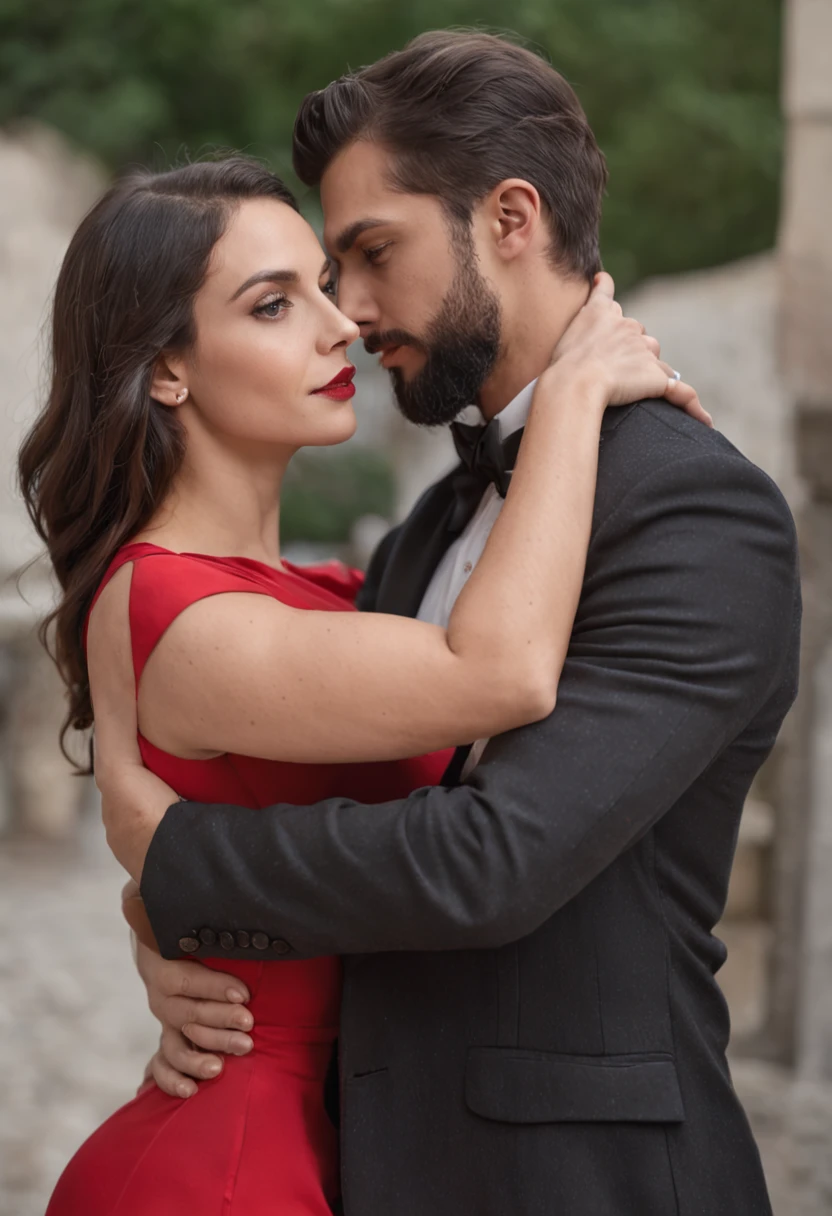 Homem de barba curta forte de terno preto e mulher de vestido vermelho, um casal elegante, Lovely couple, romantic couple, homem e mulher, Photo Session, com longos cabelos pretos, Homem e mulher apaixonados, foto de retrato, pose de casal, par, attractive female, vestindo roupas pretas elegantes, com cabelos pretos, apelo masculino alta moda, Fumegante, muito intenso, sensual, homem musculoso, musculos