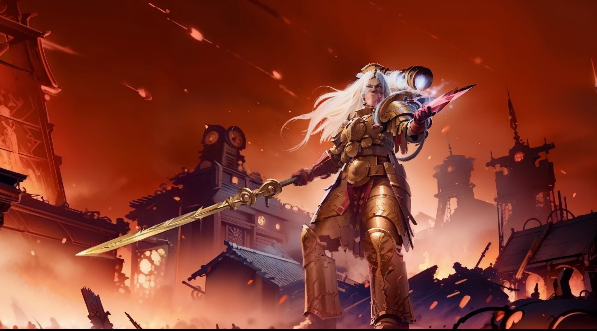 warrior woman with white hair and golden armor holding a big golden sword, destroyed village in the background with fire, night, gloomy sky, light fog, ultra details