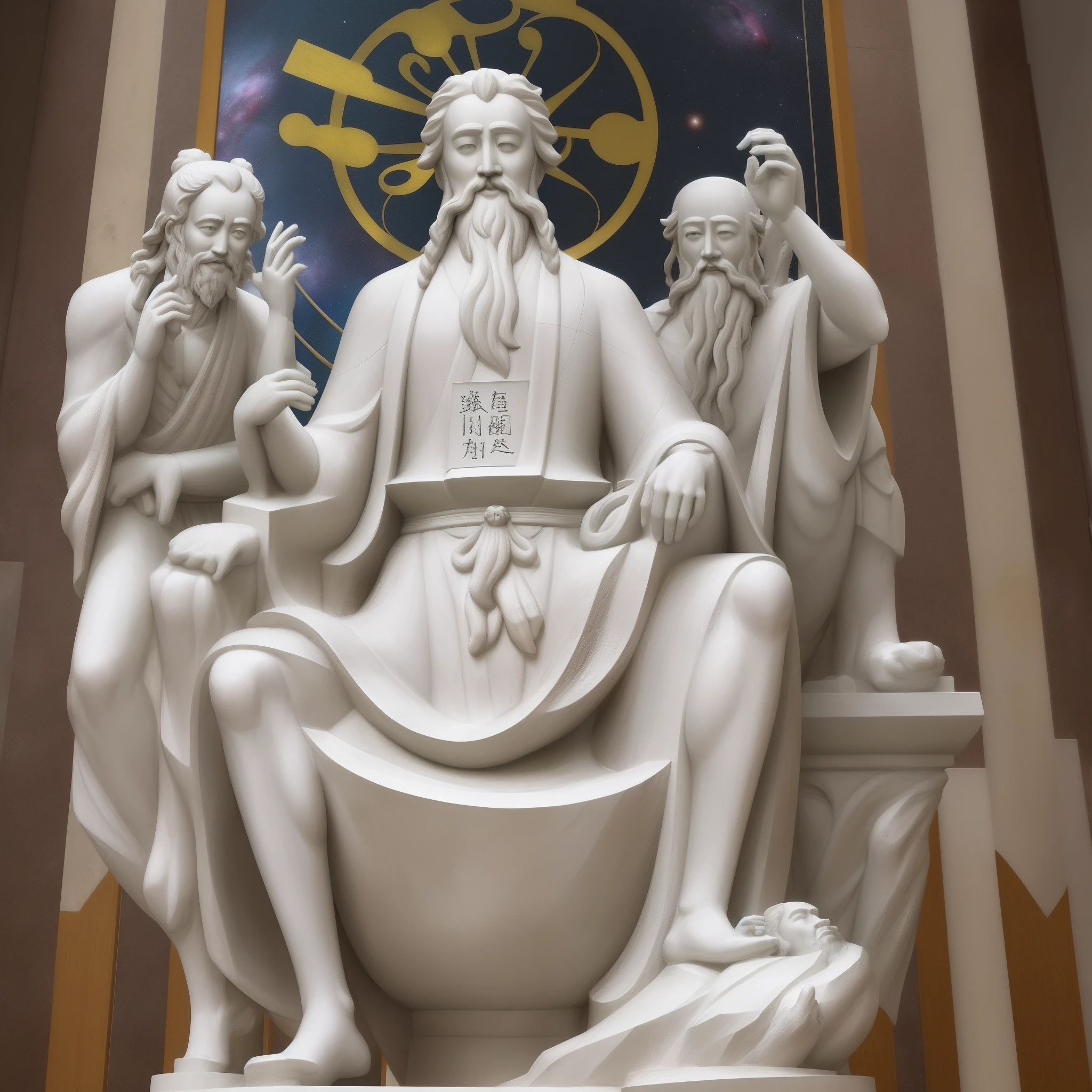 White marble statue of Chinese philosopher, Laozi, galaxy, melhor qualidade, detalhado, estoicista, filosofo,