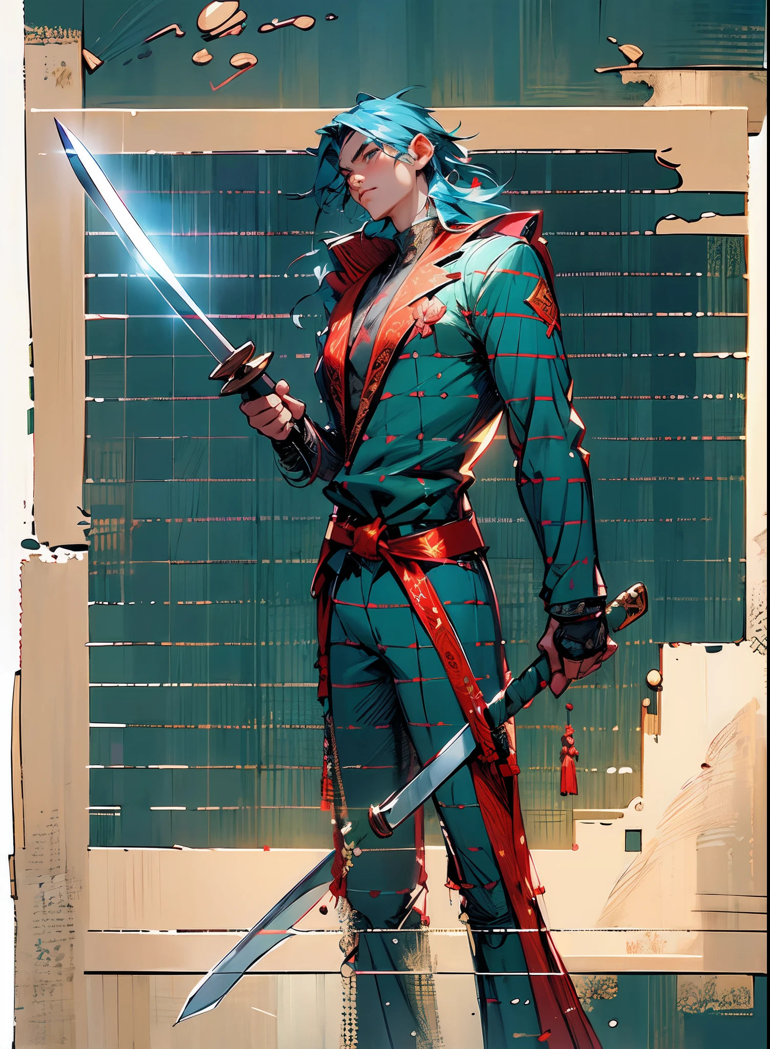 A young man with long dark blue hair, his gaze cold and resolute, he is dressed in a black fusion of traditional Chinese and Western-style suit robe, in each hand holds a long sword, exuding a solemn demeanor, this character showcases a Chinese martial arts hero designed with a Japanese anime, character design is intricate, showcasing a mature artistic style, ((character concept art)), full body character drawing, high definition, best quality, ultra-detailed, extremely delicate, anatomically correct, symmetrical face, extremely detailed eyes and face, high quality eyes, creativity, RAW photo, UHD, 8k, professional lighting, (masterpiece:2)