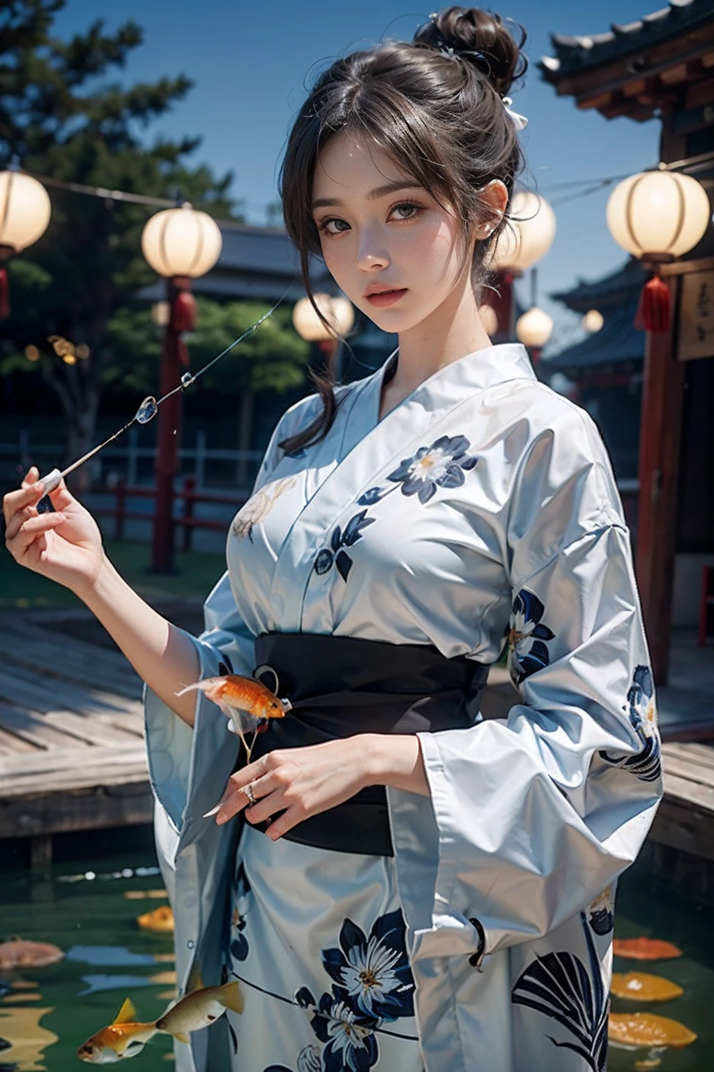 电影灯光，(((tmasterpiece))), ((best qualtiy)), ((iintricate，detail-rich)), ((ultra-realistic realism)), 4K,1 beautiful woman, 25 age old, poneyTail,Ultra-fine yukata,beautiful countenance,Beautiful brown eyes,face perfect,slenderness,Large full breasts,is playing happily, Big fish tank , Spinning schools of goldfish, floating goldfish, Graphic illustration, see fishes swimming,Lots of goldfish, amazing depth, adolable, Lots of fish balls,Scoop goldfish at summer festivals, (The background is the summer festival at the shrine:1.4), Silver hair, Split ponytail, Star-shaped pupils, conceptual art, Art Nouveau, Glowing light, NFFSW, Textured skin, masutepiece, Anatomically correct, Best quality, 8K