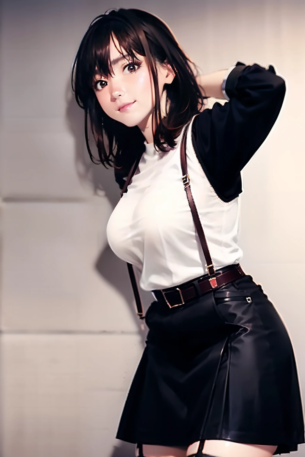 Black skirt, Cutter shirt　suspenders, Brown hair Gray eyes, Garter belt on the legs, Tight clothes, 　　 a belt　Armpit sweat　　deadpan　large full breasts