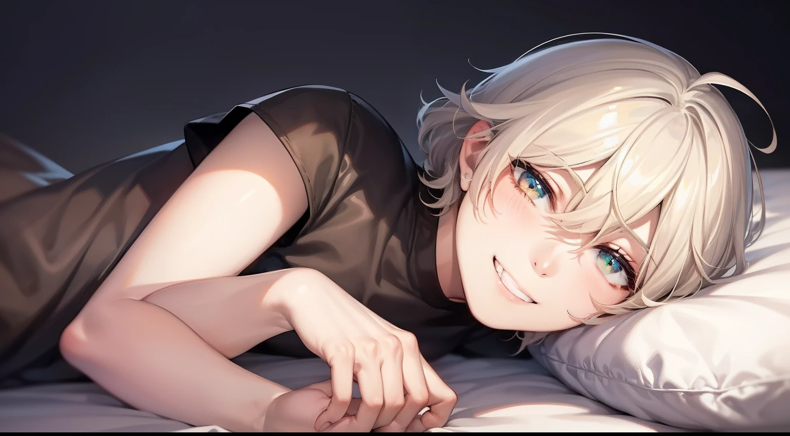 superfine illustration,Animated,amyl,1man,grinning,Adult man,bed,heart on eyes,Guy,man,Black clothe,Short hair,Curly hair,Parted bangs,Blonde hair,the eyes are light green,White skin,a bed,laught,natta,natta, At night,Atmosphere of love bliss,jpn