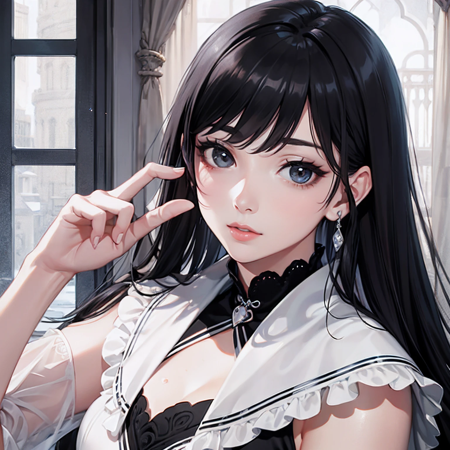 rinoa, blue duster, blue wristbands, half body, smile, holding necklace, unparalleled masterpiece, ultra realistic 8k CG, perfect artwork, seductive posture, sexy pose, alluring, clean, beautiful face, pure face, pale skin, intricate detail, prestige, gorgeous, luxury, fancy ballroom