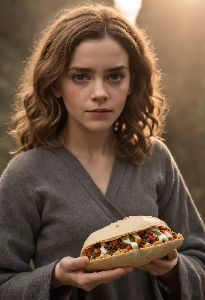 Hermione Granger como uma mulher das cavernas vestida com pele de animal e segurando um taco, com Montanhas Rochosas ao fundo