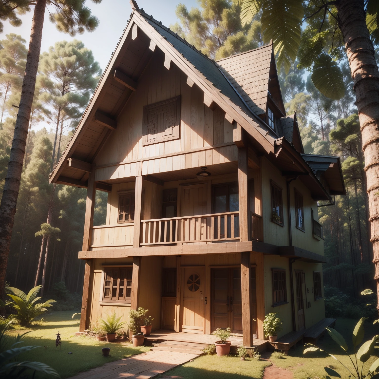 Gambar close up sebuah rumah kecil di tengah hutan, render bergaya 3D, render cantik dari dongeng, bergaya sebagai render 3D, render 3D yang indah, seni render 3D oleh Rolands Zilvinskis, (Octan rebder) dalam gaya fantasi, adegan bergaya 3D, Rumah penyihir di hutan.