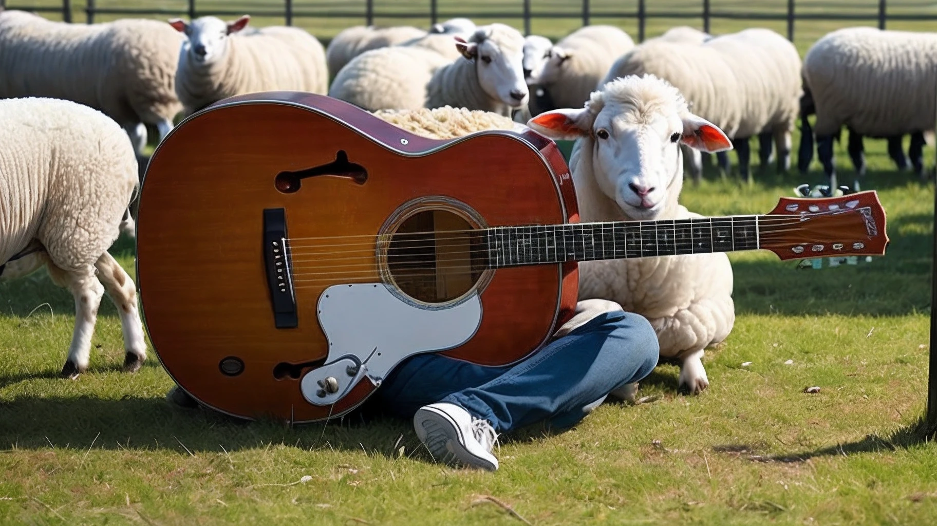 A sheep playing a guitar