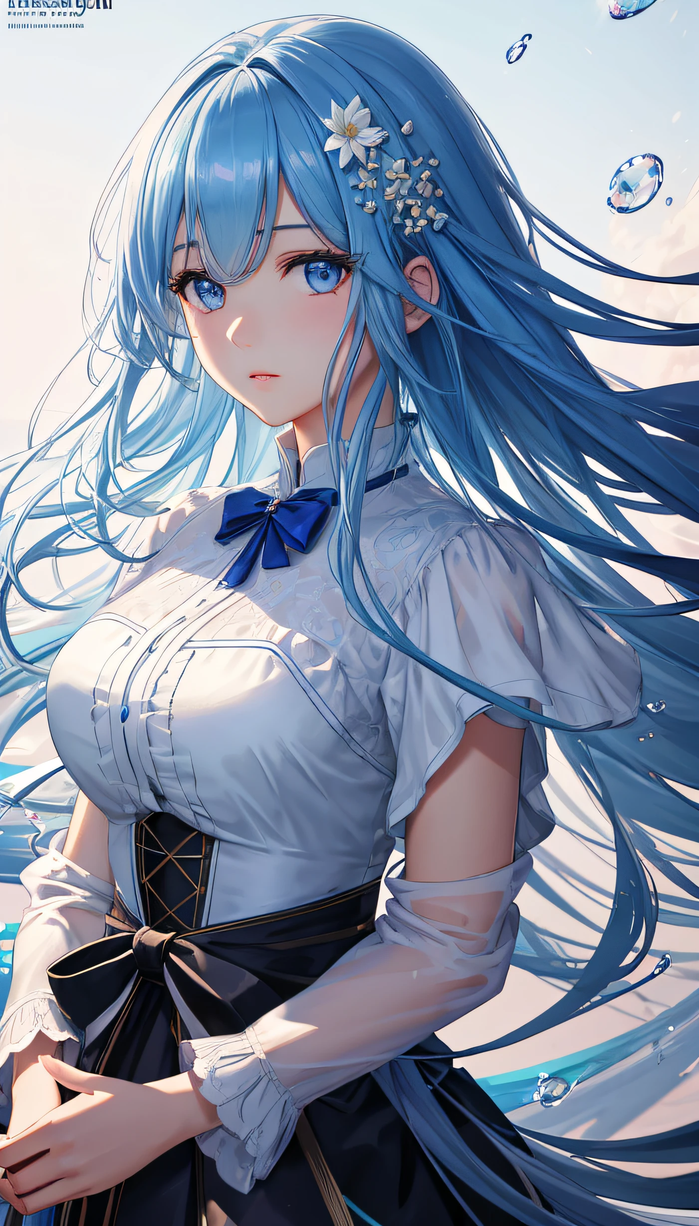 (masterpiece), (best quality), (ultra detailed),(disheveled hair),(illustration), (1girl), (Fashionable clothing), standing, Fashion model, looking at viewer, (interview), (simple background),beautiful detailed eyes, delicate beautiful face, Floating,(high saturation),(colorful splashes),colorful bubble,(shining), focus on face,  kamisato ayaka, light blue hair, bangs, hair ring, floating flowers, floating hairs.Girl, anime waifu, looking at viewer, highlydetailed, reflections transparent iridescent colors, long transparent iridescent RGB hair, artby Serafleur from artstation, thick acrylic，illustration on pixiv, waist up portrait, gorgeoussacred girl, best quality, ultra detailed,sad,clever,beautiful face , beautiful lighton black background, Character stvle renderedby Octane,