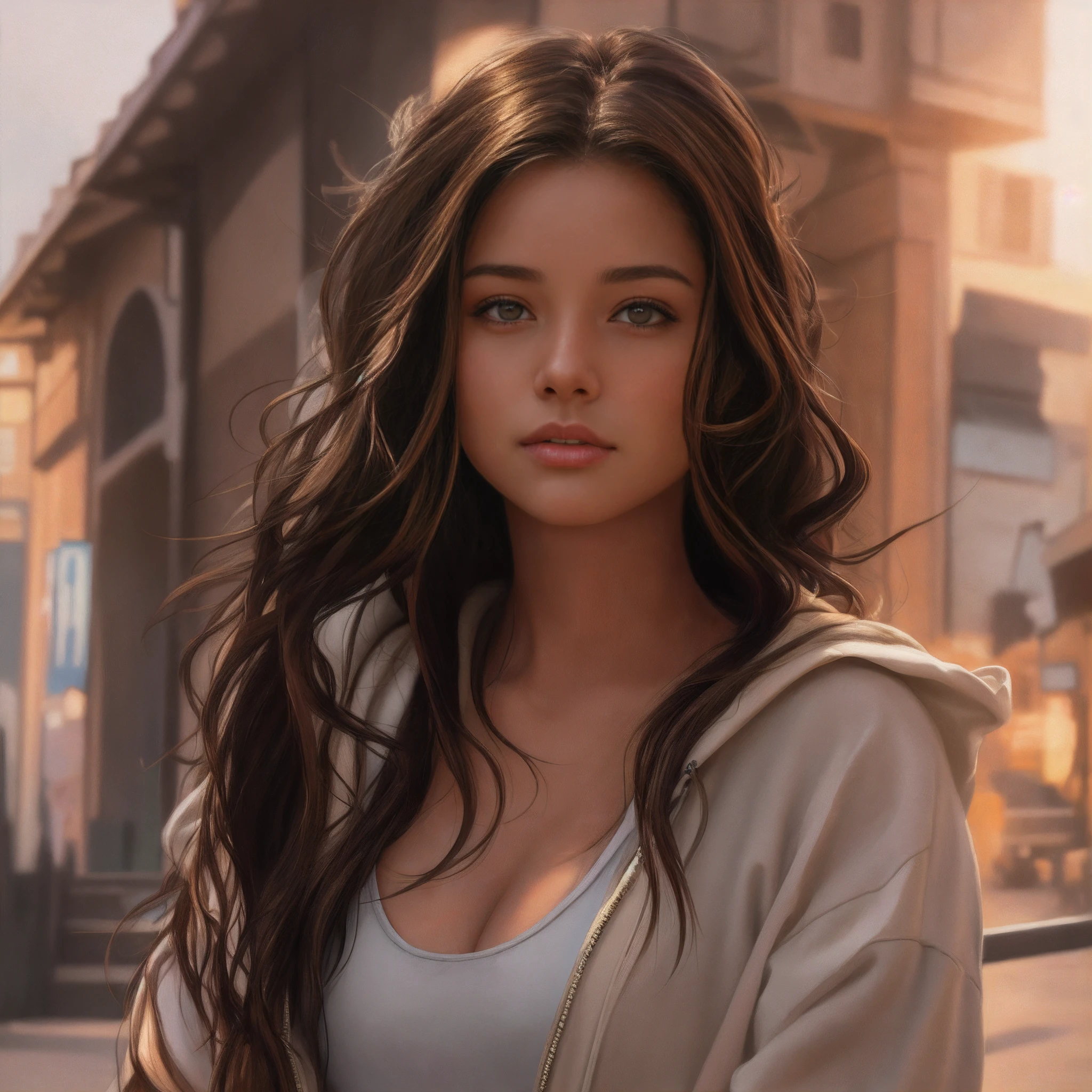 arafed woman with long brown hair and a hoodie posing for a picture, realistic digital painting, realistic digital art 4k, realistic digital art 4 k, gorgeous digital painting, beautiful digital painting, realistic artstyle, stunning digital painting, 8 k realistic digital art, beautiful digital artwork, photorealistic digital painting, realistic art style, soft portrait shot 8 k