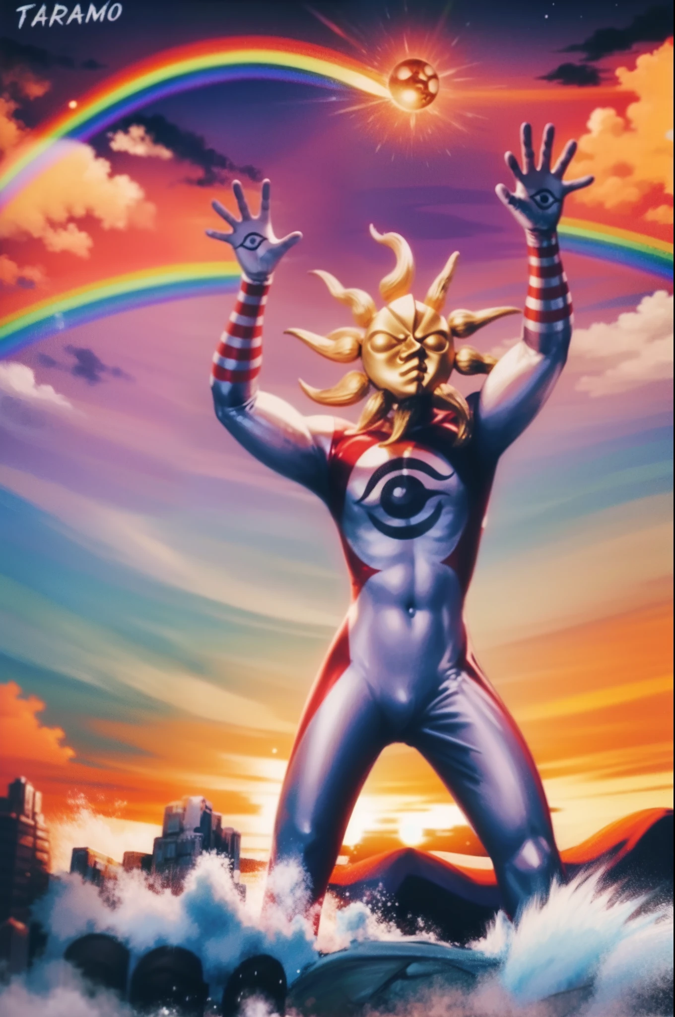 TAROMAN, standing full body, mountain, sun , rainbow, fire light, muscular male, moon water,moon, bara, tree, night sky