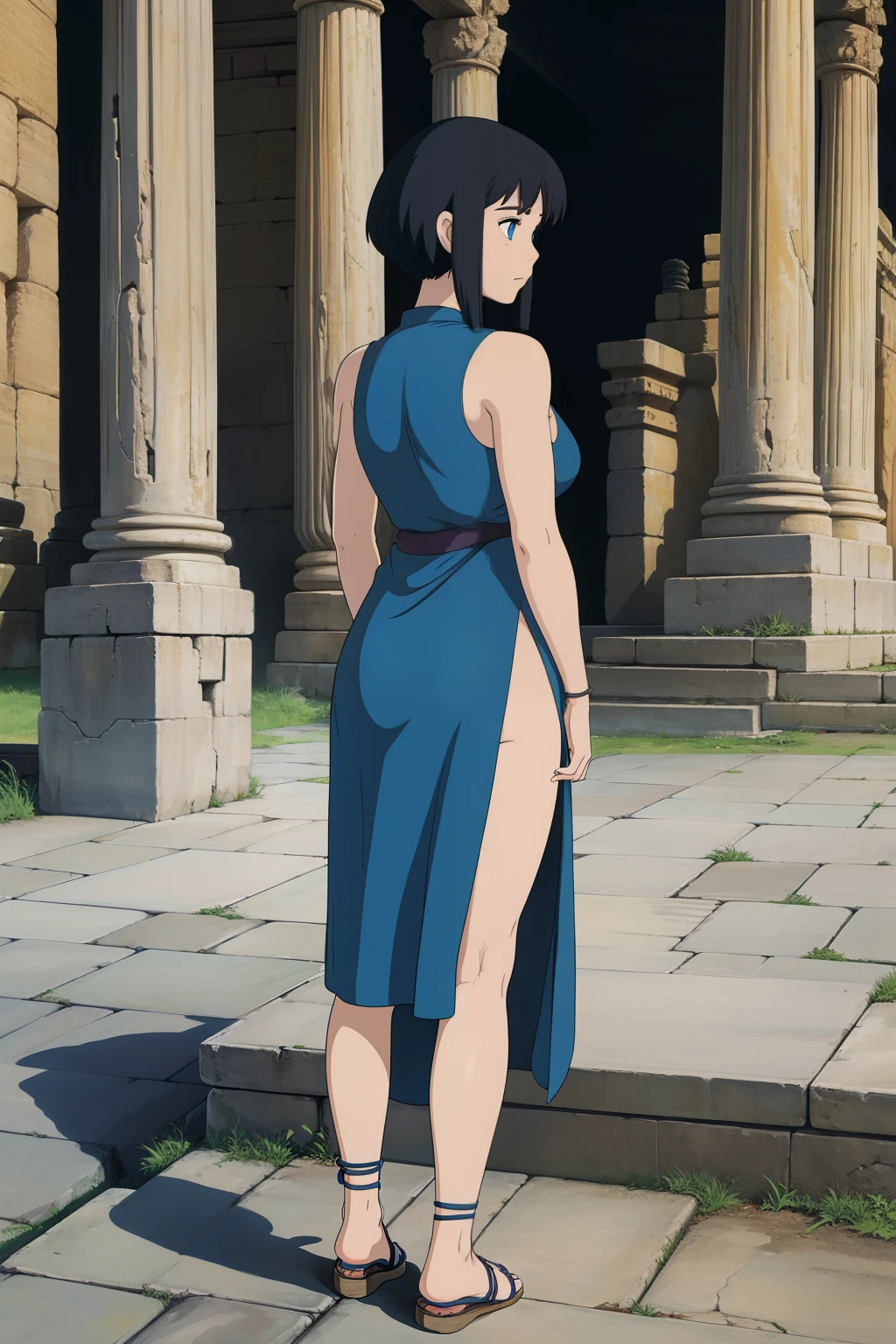 Female, black hair, tomboyish hair, white skin, blue eyes, ancient dress, Ancient temples, wallpaper, Close up, full body, tight dress, sandals, medium breasts, Back of view