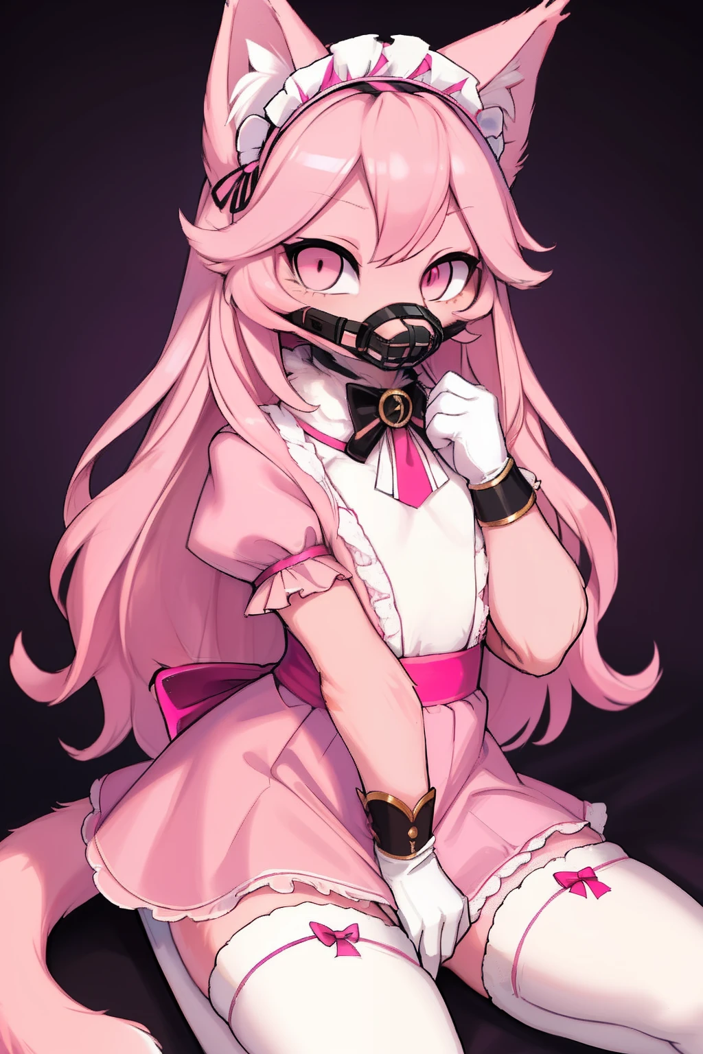 Master piece, perfect, highly detailed, (little hibryd anthro cat femboy), fluffy pink fur, ((pink eyes)), ((1))fluffy cat tail, pink long hair, tiny chest, (pink cat ears), wearing a pink collar, pink maid dress, silk white gloves, silk white thighhigh socks, wearing a pink muzzle, truemuzzle, eyesgod, niji, eyesgod, niji,