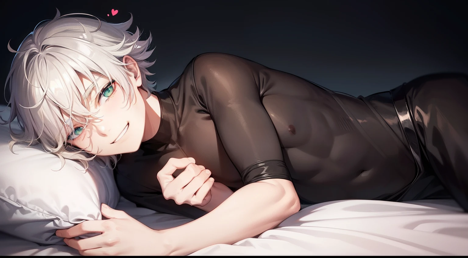 superfine illustration,Animated,amyl,1man,grinning,Adult man,bed,heart on eyes,Guy,man,Black clothe,Short hair,Curly hair,Parted bangs,Blonde hair,the eyes are light green,White skin,a bed,laught,natta,natta, At night,Atmosphere of love bliss,jpn