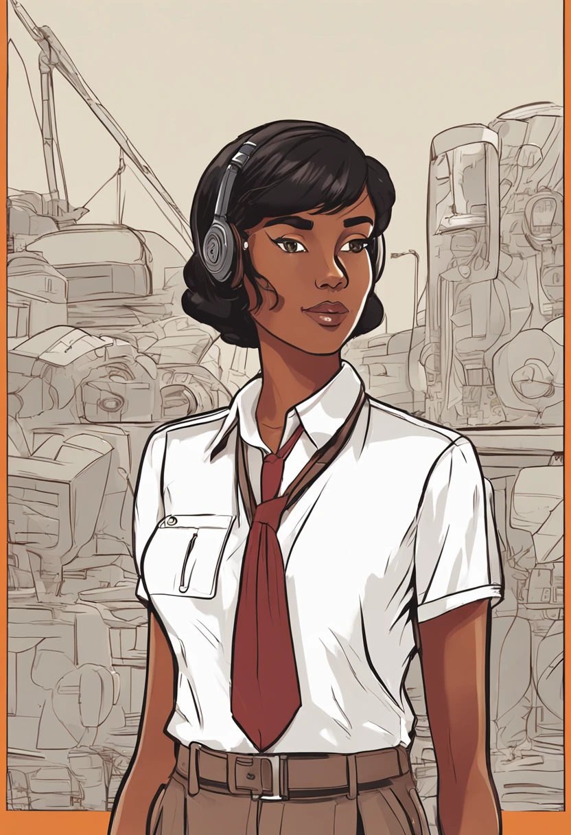 1girll, Short black Bob hair, Yellow eyes, Round glasses, brown tanned skin,Dark skin, Brown skin, She has light brown skin, Petite body, Wear a plain white formal work shirt, Wearing black trousers, Business tie, absurderes, A high resolution, ultrasharp, 8K, Masterpiece, view the viewer, Cat ears, Airline pilot uniform, Airline pilots have, White background, short- sleeved, bangs, Flat chest, Whiskers, androgyne