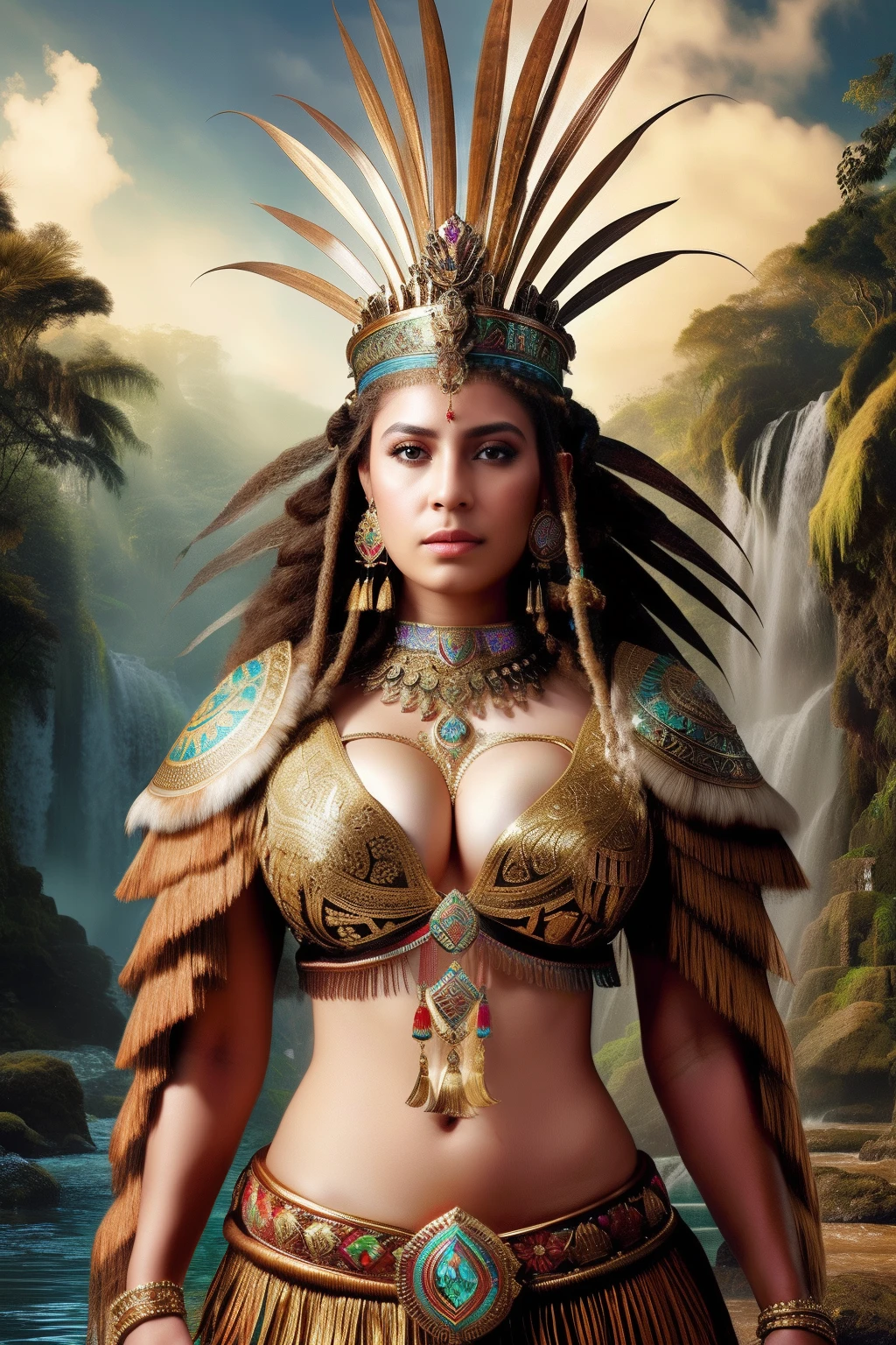 Una mujer con un traje nativo parada frente a una cascada, Retrato de la princesa azteca, Diosa guerrera azteca, Emperatriz azteca, Reina azteca, diosa. Detalle extremadamente alto, Karol behind UHD, Fantasy Woman, Una hermosa mujer guerrera, earth goddess mythology, Sacerdotisa Maya, Reina del Amazonas, epic 3 d yemaya, 4K fantasy art, Hermosa guerrera