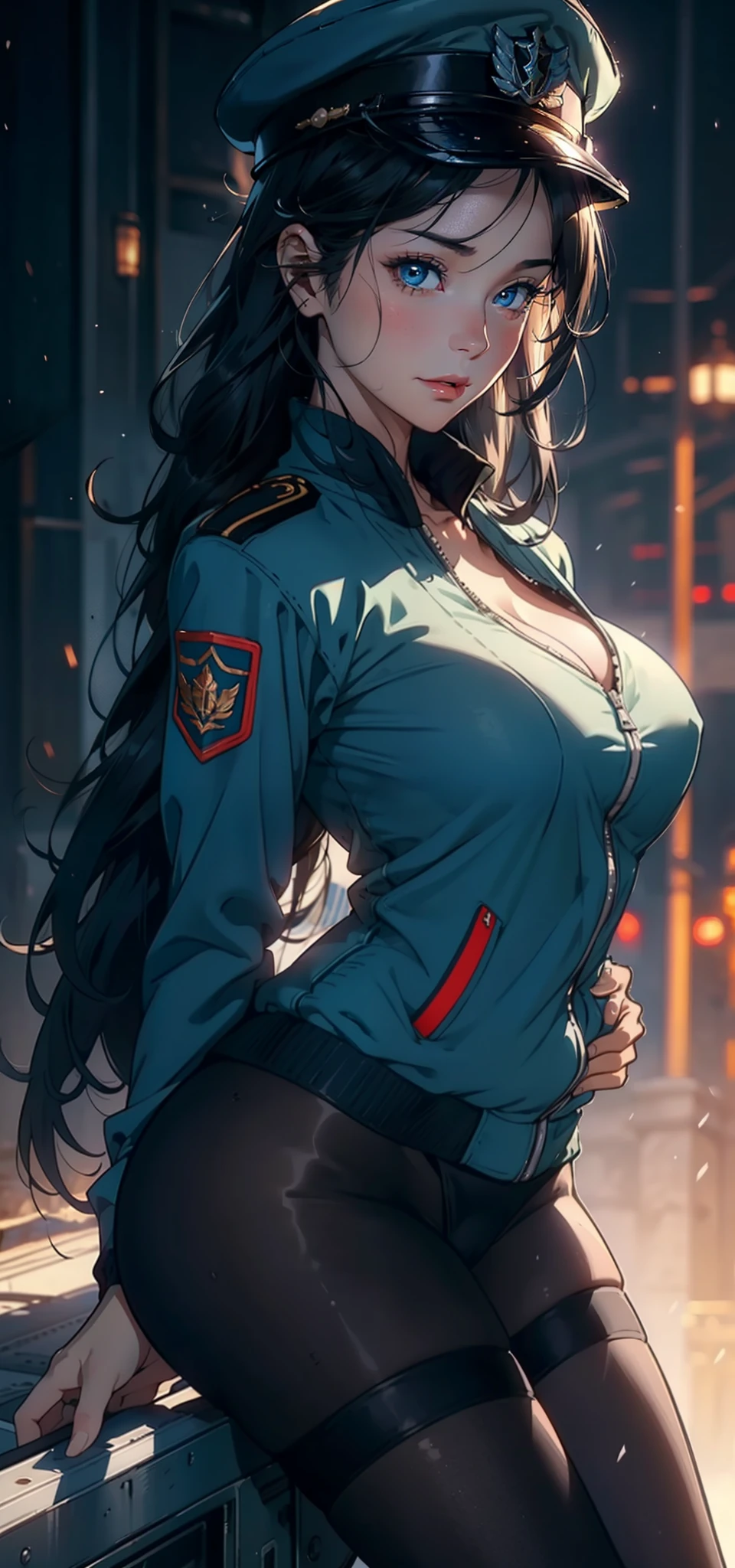 1female，41 years old，熟妇，A MILF，mature，plumw，extremely large bosom ，Pornographic exposure， 独奏，（Background with：aerodrome，Planes，the rainforest，in summer） She has short black hair，bobo head，Workstations within the aircraft，standing on your feet，seen from the front， hair straight， mostly cloudy sky，（（（tmasterpiece），（Very detailed CG unity 8K wallpaper），best qualtiy，cinmatic lighting，detailed back ground，beatiful detailed eyes，Bright pupils，（Very fine and beautiful），（Beautiful and detailed eye description），ultra - detailed，tmasterpiece，）），facing at camera，A high resolution，ultra - detailed），revealing breasts，Bare genitalia，  Bulge，legs are open，Raised sexy，Camel toes，Flushed complexion，Open-mouthed，frontage，Soviet Air Force，Aviator，Officer's cap，（Wearing：Navy blue baseball jacket，black lace cleavage underwear）The upper part of the body