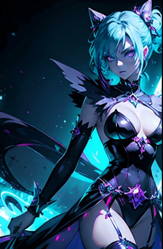 mesmerizing magical girls with dark gothic attire, revealing outfit, and a captivating presence. Radiating a seductive glow in vibrant neon lighting embracing a female magical girl with blue hair, ulta high detail, 8k graphics