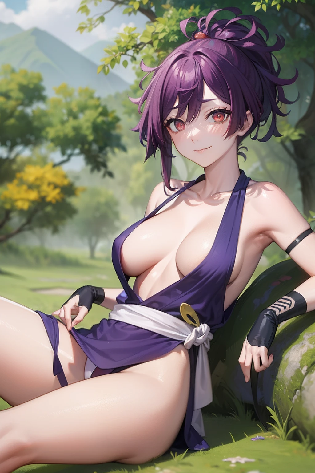 best quality, master part, (leaning over:1.2), 1girl, Yuzuriha_(Jigokuraku), cabelo roxo, olhos castanhos, Ninja, roupas abertas, clivagem, seios pequenos, Topknot, medium hair, breasts apart, sorriso sedutor, (corar:1.1), Japanese exterior, templo, Sengoku Period City, cidade (NSFW)