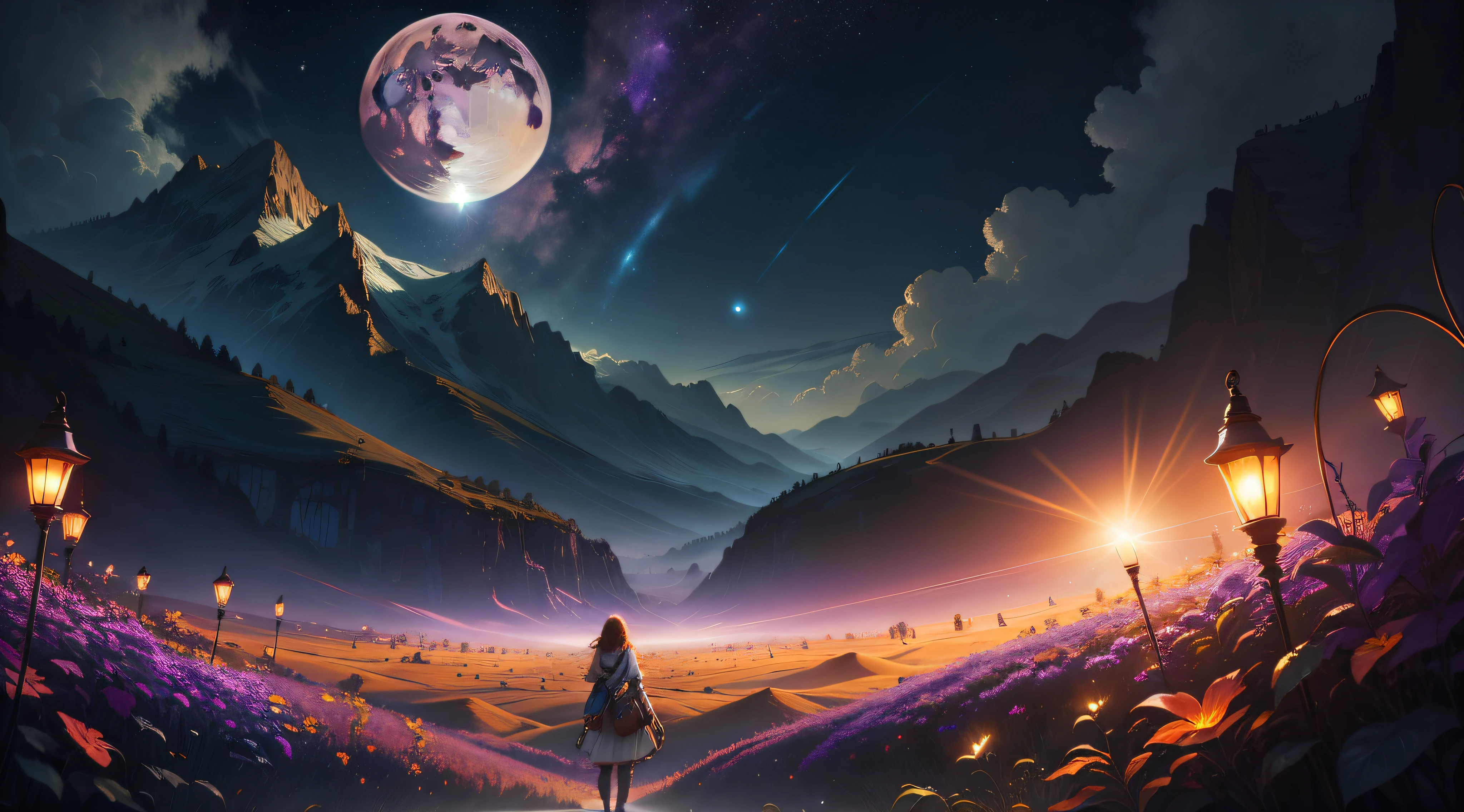 Expansive landscape photograph , (View from below，Displays the sky above and the clearing below), a girl standing on flower field looking up, (full moon:1.2), ( meteors:0.9), (Starcloud:1.3), Far Mountain, tree BREAK
production art, (Warm light source:1.2), (Firefly:1.2), lamp lights, lots of purples and oranges, Intricate details, Volumetric lighting BREAK
(Masterpiece:1.2), (Best quality), 4K, Ultra-detailed, (Dynamic composition:1.4), Highly detailed, Colorful details,( Iridescent colors:1.2), (luminouslighting, Atmospheric lighting), Dreamy, magical, (Solo:1.2)