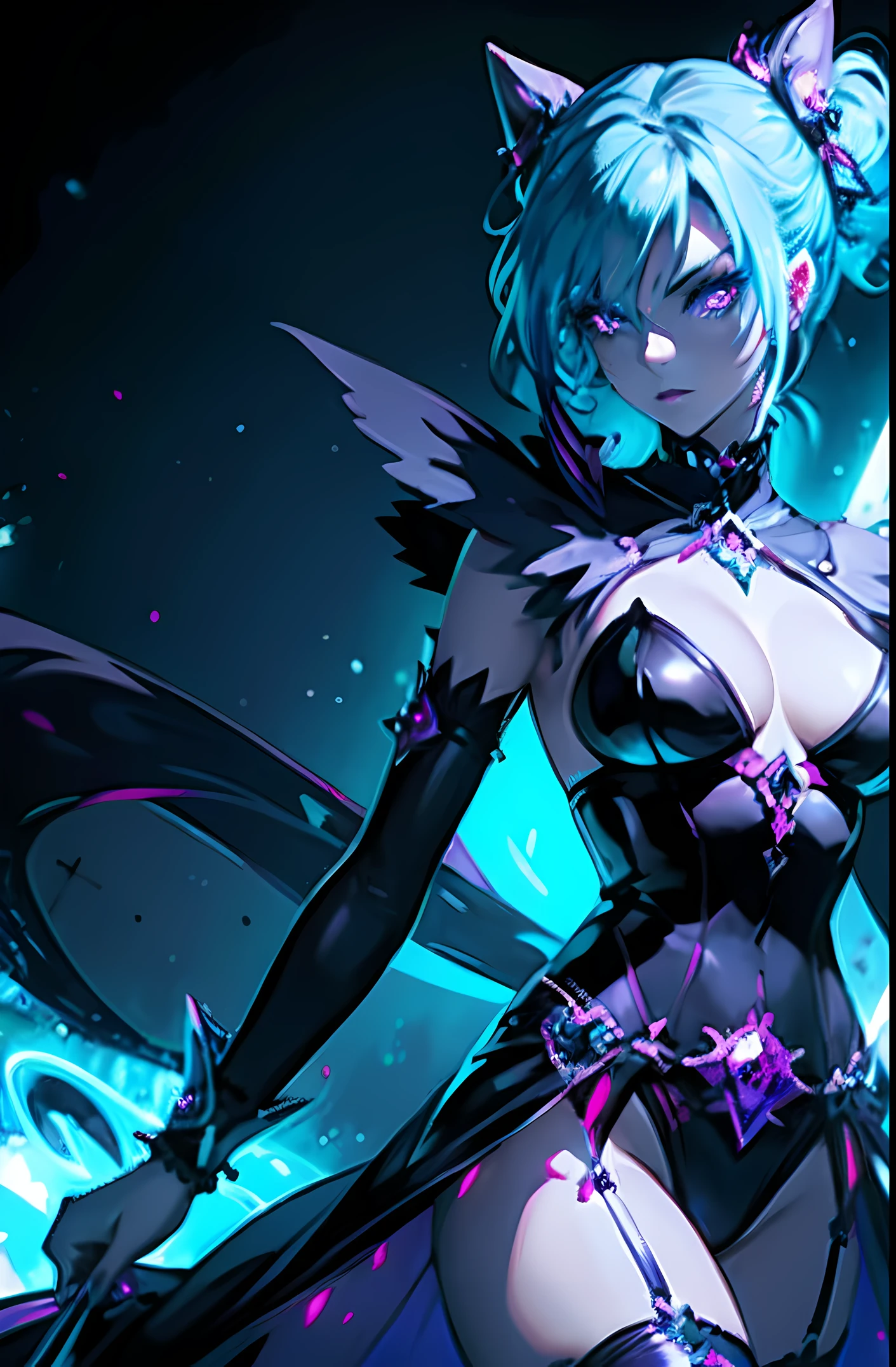 mesmerizing magical girls with dark gothic attire, revealing outfit, and a captivating presence. Radiating a seductive glow in vibrant neon lighting embracing a female magical girl with blue hair, ulta high detail, 8k graphics