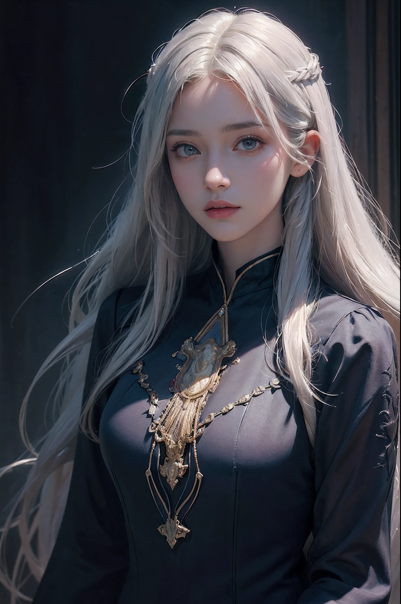 Hyperrealist portrait of female by david hockney and alphonse mucha,fantasy art, photo realistic, dynamic lighting, artstation, poster, volumetric lighting, very detailed faces, 4 k, award winning,, 1girl, in the dark, deep shadow, low key,cowboy shot,(official clothing:1.4) ,long hair,white hair,