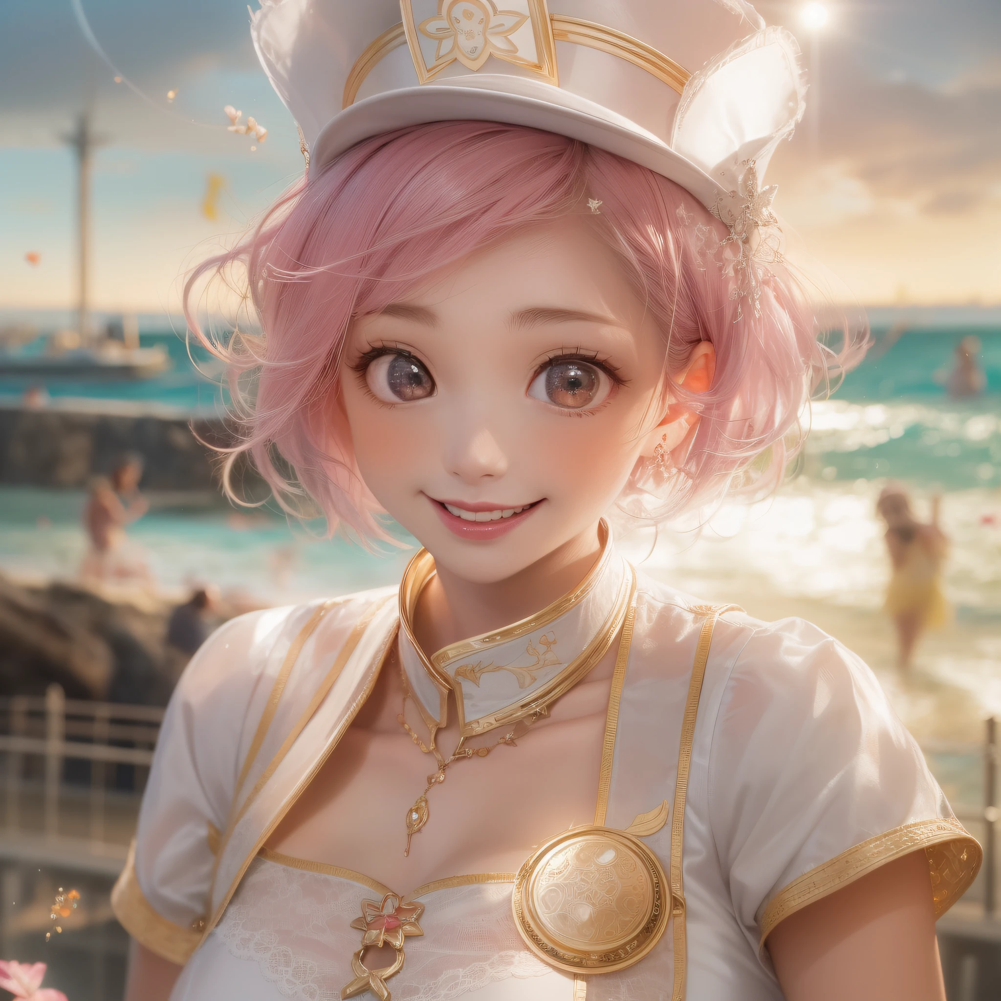 full body、Close up of a smile with the corners of the mouth raised、Nurse、Nurse Costume、Cosplay、(realisitic、hight resolution)、(1 girl in)、Nurse、Do-Up Eye、Korean Girl、(Best Quality), (masutepiece), (1girl in), Solo, a beauty girl, Perfect face, Big Breast,dreamlikeart、Highly detailed airbrush art((Surreal))、Volumetric lighting、(top-quality)、The ultra-detailliert、(The composition of the movement:1.4)、Highly detailed colorful details、(Bright lighting)、dynamic compositions、Ray traching、The mirror reflects light、Shallow depth of field、ultra-detailliert、mixing  exposure、nffsw、Her eyes are glowing pink、Staring at the pink sea。Her pink face is full of anticipation and courage for a nurse.、A smile appears on the lips of a nurse。 At the rear、The sun is slowly tilting to the west。Its light brings nurse light to the sea surface、The swaying waves create a beautiful scene。Her eyes are clearly glowing pink。Lots of pink