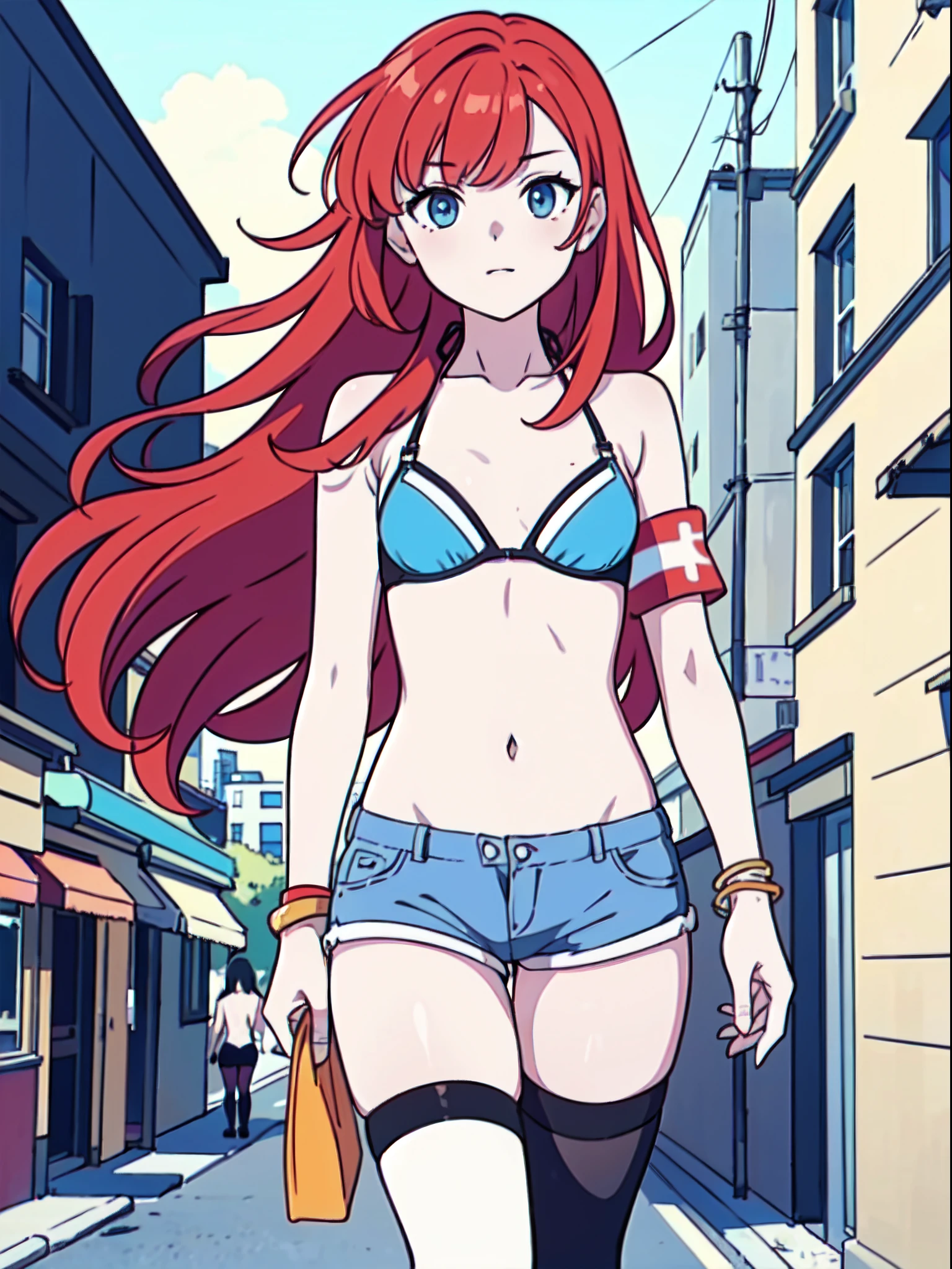 (masterpiece:1.2), (pale skin:1.2), (8k:1.2), (solo:1.2), (female:1.1), (emphasis lines:1.3), (mini bikini bra:1.2), (shorts:1.2), outdoors, city, (bracelets:1.1), (armbands:1.2), (red hair:1.1), blue eyes, long_hair, (thighhighs:1.1)
