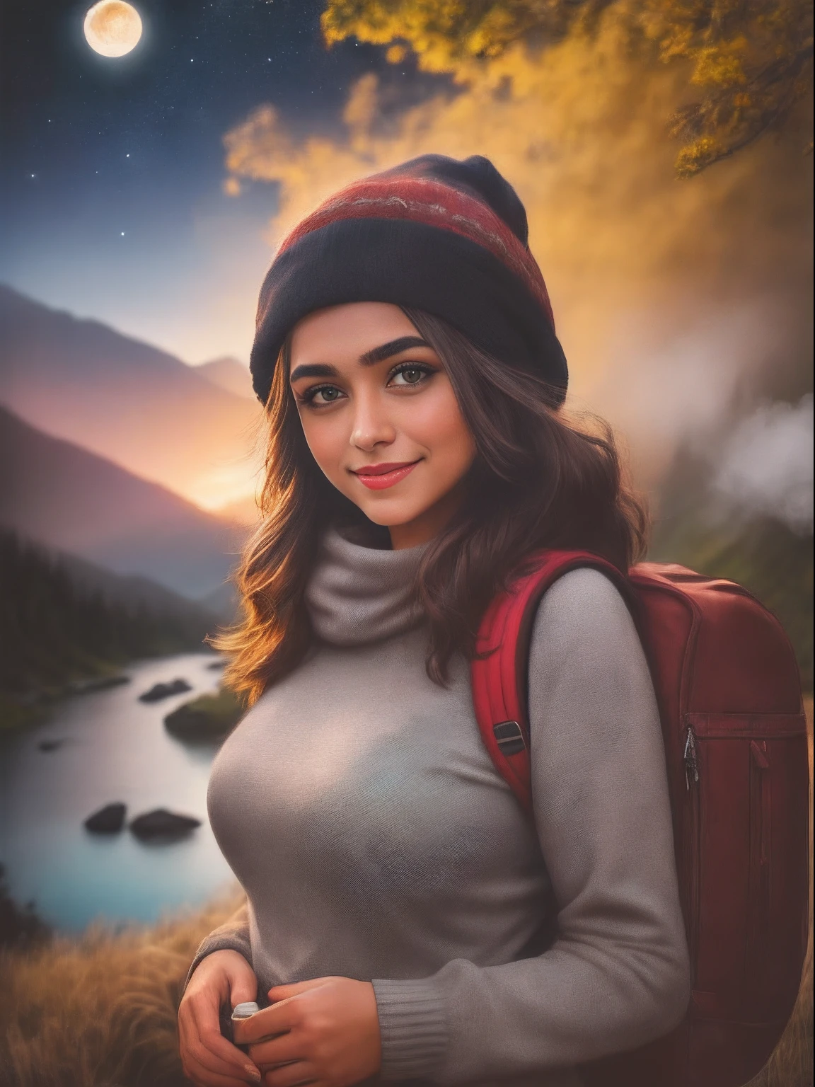 (Mrunalt), 22 years old, cute smile ,1 woman((upper body selfie, happy)), masterpiece, best quality, ultra-detailed, solo, outdoors, (night), mountains, nature, (stars, moon) cheerful, happy, backpack, sleeping bag, camping stove, water bottle, mountain boots, gloves, sweater, hat, flashlight, forest, rocks, river, wood, smoke, shadows, contrast, clear sky, analog style (look at viewer:1.2) (skin texture) (film grain:1.3), (warm hue, warm tone)
:1.2), close up, cinematic light, sidelighting, ultra high res, best shadow, RAW, upper body, old man, wearing pullover