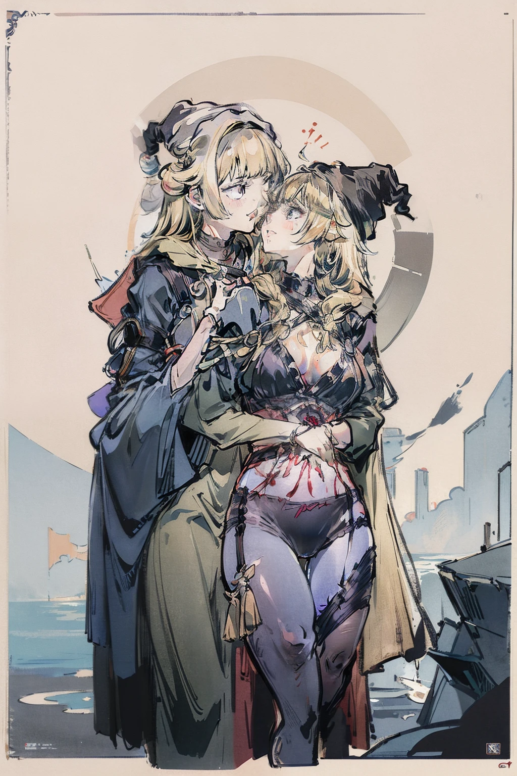 matching hairstyle,Match poses,sexyposture,High split end,high-waist,Bright colors,Magic background,water background,the sky background,2girls,2 witches,Witch hat,Stocking tights,Jumpsuits,Intimate dress,Wrap tightly,Sexy bra,Pantyhose wrapped around the hips,Sexy,Dress conservatively,Wrap your entire body in clothes,Not exposed,mistic,abstact,Lady,Smiling,inquisitive,Ultimate leg beauty,Sexy girl pose,lesbian,French kiss,Wet kiss,face to face,hugs,cuddle,Close contacts,Snugly fit together,Side Body,Kiss,tongue kissing,Lovers,stroking each other,desire big breasts,squelch,Body overlap,squishing,Squeeze the chest,Squeeze each other's chests,Love,Love each other,sitting on the stone,garter,leg loops,Sexy bra,Pantyhose wrapped around the hips,Open at the underwear,clear clothing,Fully transparent,titmouse,camel-toe,body curve,stooped,mistic,Stocking tights,Jumpsuits,((((dramatics))),(((grittiness))),(((irate)))A movie poster with a young woman as the central character。Witch hat,schoolgirl,She stands confidently in the center of the poster,Wear fashion-forward attire,with a determined expression on her face。The background is dark and tough,There is a sense of danger and intensity, and the color palette is predominantly dark,With bright colors,giving the poster a dynamic and visually striking appearance,tachi-e (Magazines:1.3),(Cover style:1.3),Fashionab,woman,with dynamism,garments,posing on a,frontage,rich colourful,dyna,Background with,element in,self-assured,Expressing the,halter,statement,Accessories,A majestic,coil,Runt,Touching pubic area,Scenes,Cover of a,Bold,attention-grabbing,Fashionab,Catchy,titles,more big,attention-grabbing, modern day, Fashionab, focal, Fashionab,There is no title,There is no text