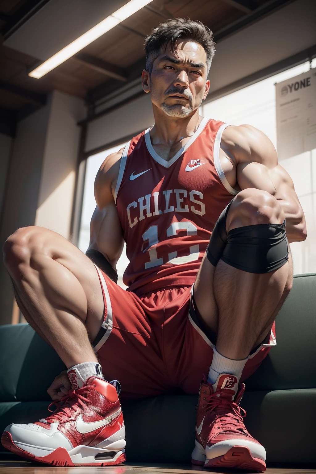 50-year-old middle-aged man，Man，grampa，Height 195，Asian people，sitting in the couch，God perspective，The eyes are about to face each other，Chinese men，musculature，Lift one foot，Wearing a hot rose red Nike basketball vest，Hot rose red basketball pants，The number 12 is written on the basketball suit，Hot rose red Nike high-leg basketball shoes，Cord，Chains，Ferocious and ferocious，The background is outdoors，There is no basketball，Hold your hands on your knees