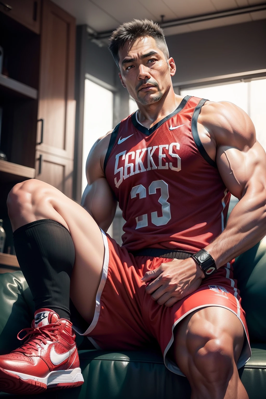 50-year-old middle-aged man，Man，grampa，Height 195，Asian people，sitting in the couch，God perspective，The eyes are about to face each other，Chinese men，musculature，Lift one foot，Wearing a hot rose red Nike basketball vest，Hot rose red basketball pants，The number 12 is written on the basketball suit，Hot rose red Nike high-leg basketball shoes，Cord，Chains，Ferocious and ferocious，The background is outdoors，There is no basketball，Hold your hands on your knees