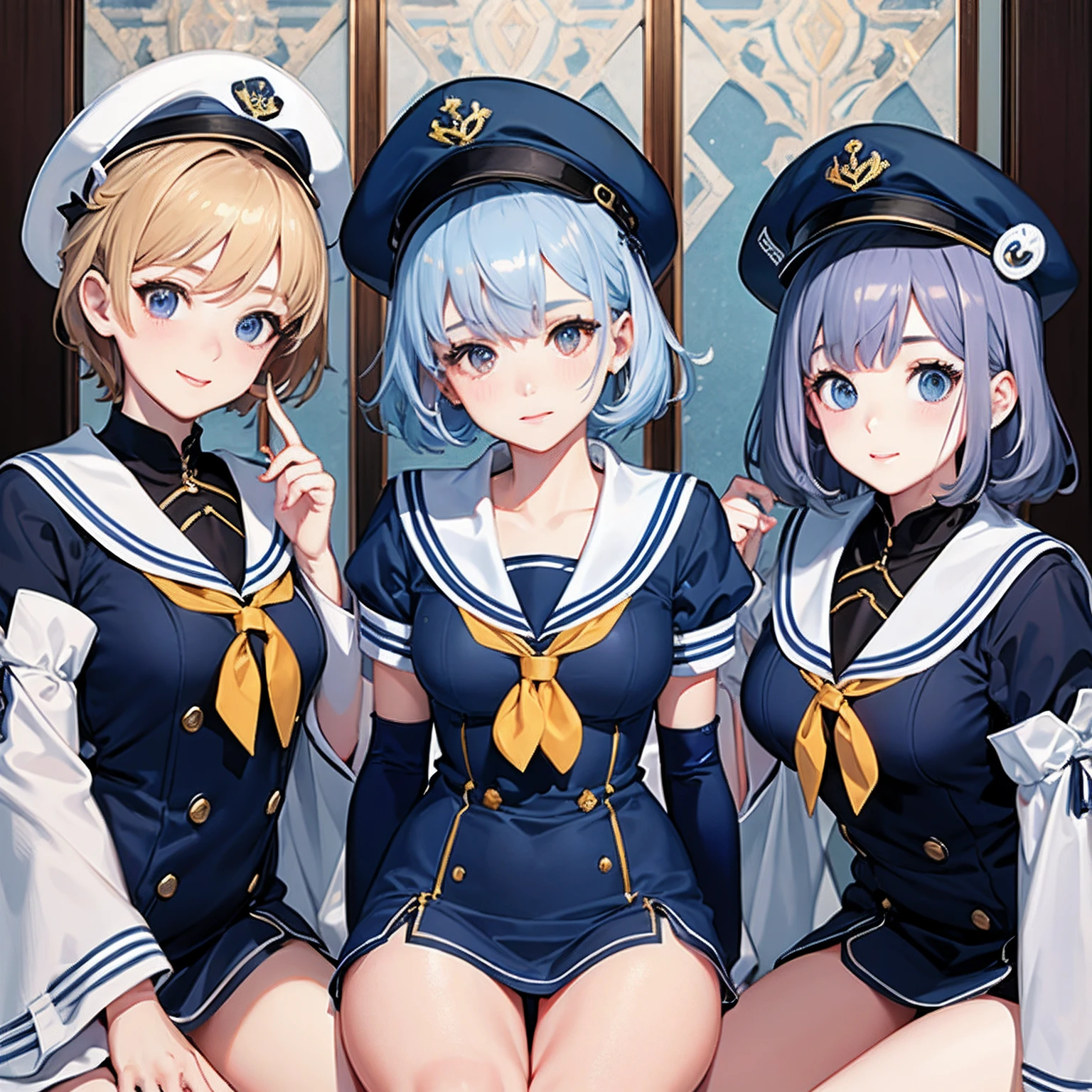 Score_9, score_8_up, score_7_up, score_6_up, RAR, rating:explicit, (4girls), looking at viewer, detailed eyes, blush, multiple girls, vtuber, virtual youtuber, multicolored hair, spread legs, lineup, line up, side by side, take your pick, yamaori_style, serafuku, gyaru, tied shirt, microbikini, bikini top, pleated_skirt , bow, navel, midriff, fishnet thighhighs