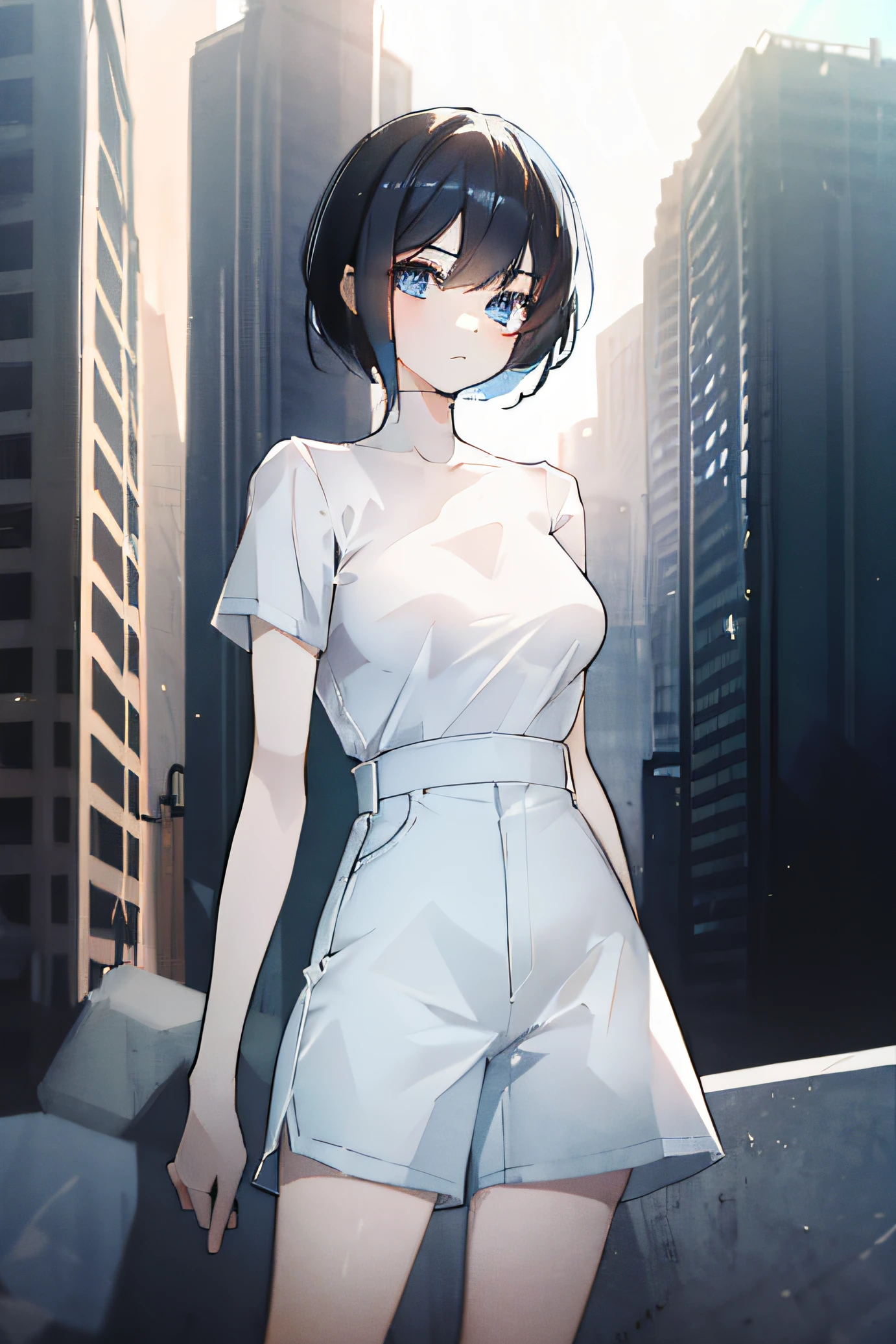 "1girl with short black hair and blue eyes, wearing a plain white shirt and denim shorts, in a city setting with absurdres quality. The image is high res, ultrasharp, 8K, and can be considered a masterpiece. The girl is looking directly at the viewer."