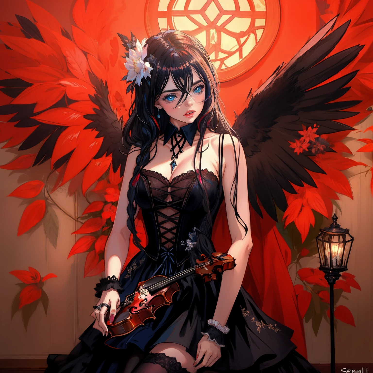 Arafed Woman in black dress holding a violin and a black angel, Villainess has black angel wings, Angel with black wings, Portrait of the Angel of Death, dark angel, Stefan Gesell, Fantasy violin, miss aniela, fallen angel, Human need Angel of Death, angel knight gothic girl, (Fantasy violin), Alas negras, Extremely detailed Gothic art style, soft ambient lighting, 4k, ojos perfectos, Cara perfecta, perfect ilumination, Girs and children, Alternate breast size, Cabello largo y negro, senos, resplandeciente, ojos brillantes, pelo entre los ojos, senos medianos, labios, Cabello largo, Mirando al espectador, en la parte posterior, labios separados, regordete, Ojos de diamante azul, Blue eyes of the ocean, solamente, senos medianos, Brazos a los lados, (Tema azul) (( Elle Fanning )
