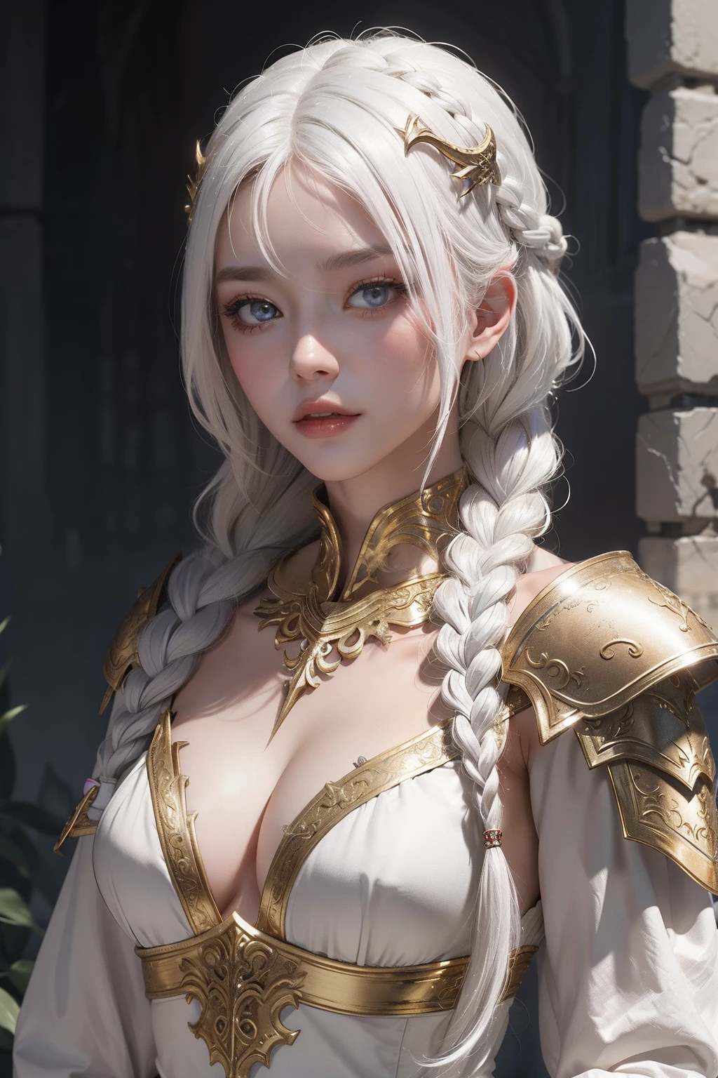 top-quality、​masterpiece、white  hair、Gold Eye、look up to、The upper part of the body、Hair strands、light skinned、Side braid、(((teats)))、are visible、Smaller chest、Fantasy Armor、Helmet of Fantasy、