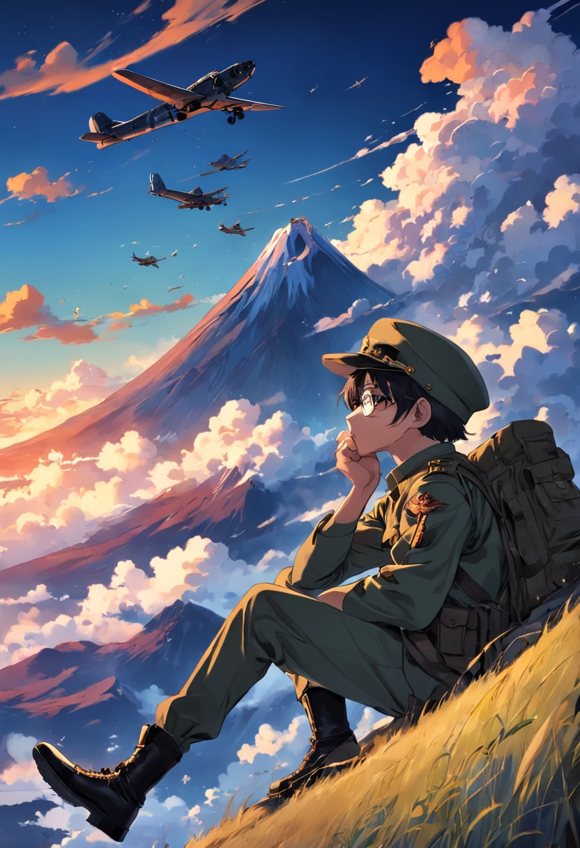 Estilo mural en pared, a soldier in the foreground with Don Ramon cap and glasses, paracaidistas cayendo de aviones, el cielo con un ocaso, atardecer dorado y rojizo, Andean Mountains, paracaidistas cayendo de aviones, the tiny Tugurahua volcano in silhouette in the background. Military with camouflage and Don Ramon hat and glasses, 8K, alta calidad mural en apred, ((Cane wall painting style)).