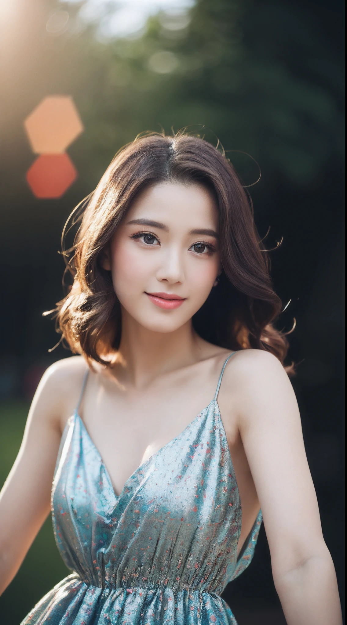 (8K, RAW photo, Photorealistic:1.25) ,( Gloss on lips,glossy finish, Glossy glossy skin, Best quality, 超A high resolution, color difference, Caustics, Wide light, naturalshadow) look with serenity and goddess-like bliss to the spectators,(depth of fields:1.6), (colorful unfocused lights on background:1.2) ,very natural make-up,Cloudy day shooting . slender eyes.downcast eyes. A distant look in her eyes、Smile,(Gorgeous summer dress)(Fashion professional model)、Radio City、Medium hair