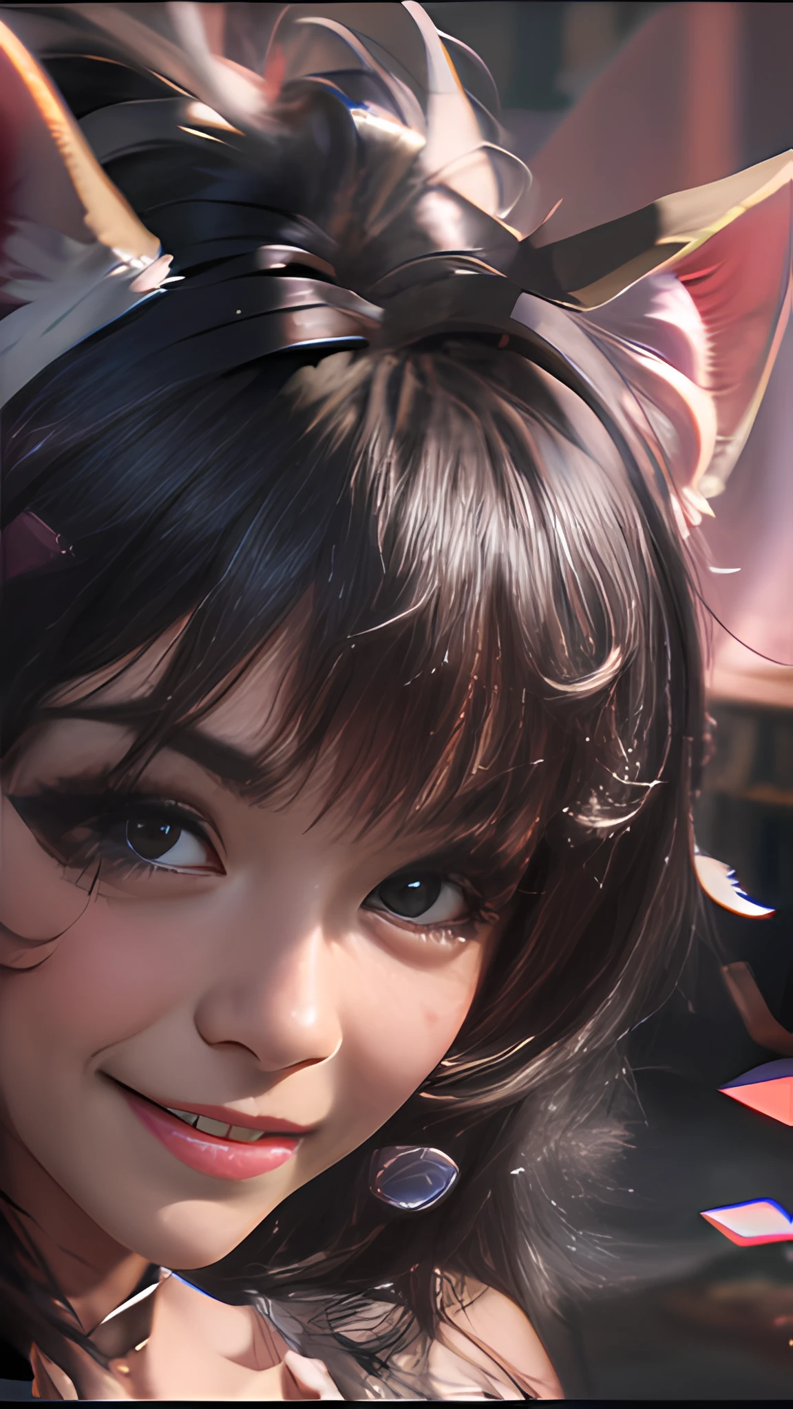 black hair, hair bobbles, wince, longeyelashes, solid circle eyes, fake animal ears, light smile, ear blush, fang, Surrealism, drop shadow, anaglyph, stereogram, tachi-e, pov, atmospheric perspective, 8k, super detail, ccurate, best quality