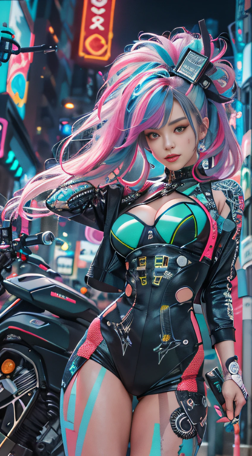 Masterpiece, Best quality, Confident cyberpunk girl, Full body shot, ((Stand in front of the motorcycle)), Popular costumes in Harajuku style, Bold colors and patterns, Eye-catching accessories, Trendy and innovative hairstyle, Vibrant makeup, Cyberpunk's dazzling cityscape, skyscrapper, Neon signs, LED lights, Bright and vivid color scheme, anime big breast, illustration, Detailed skin texture, Detailed cloth texture, Beautiful detailed face, Intricate details, Ultra detailed.