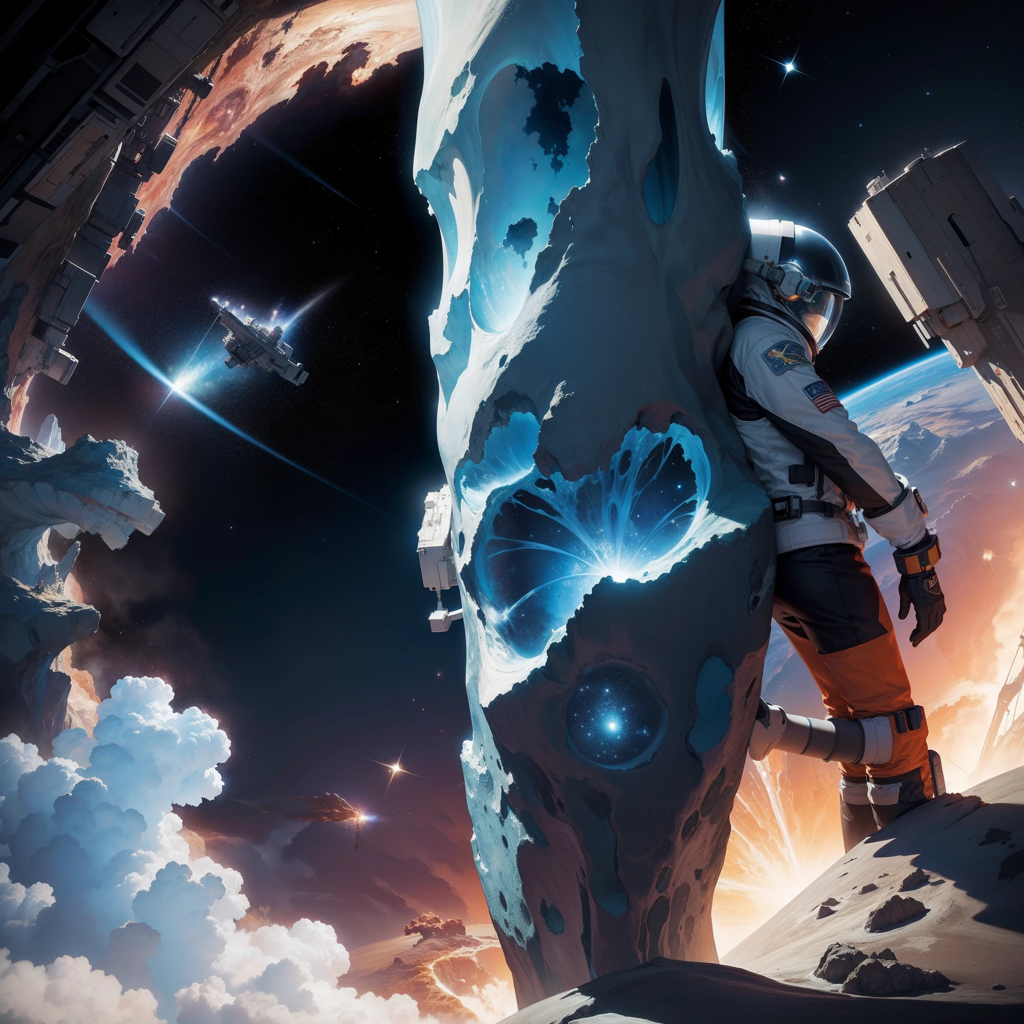 Astronaut smoking ????????? in space with the pillars of creation behind him, , Futuristic and realistic  style, with a piece ship nearby, it should look dark, horror environment
